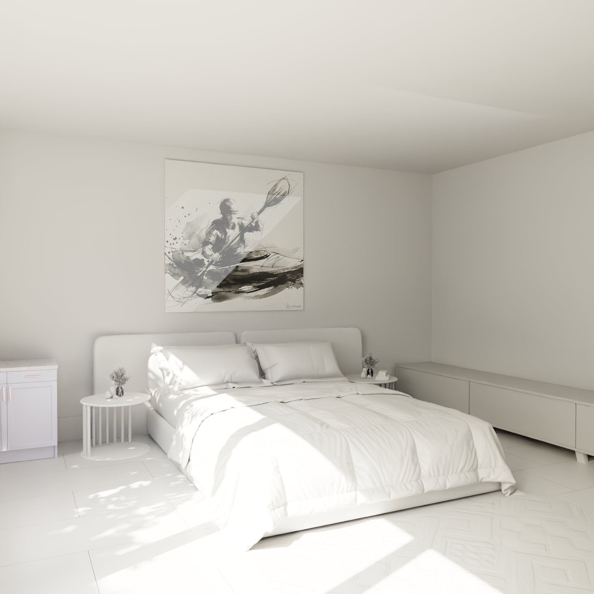 Wall decoration kayaker black ink in modern bedroom with nautical and sporty atmosphere