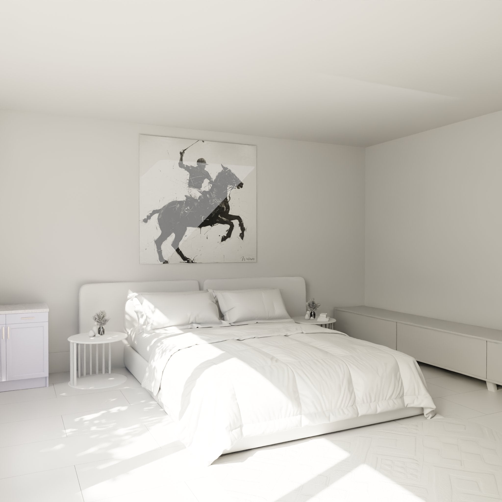 Bedroom decoration with modern polo wall art featuring an equestrian player in dynamic movement