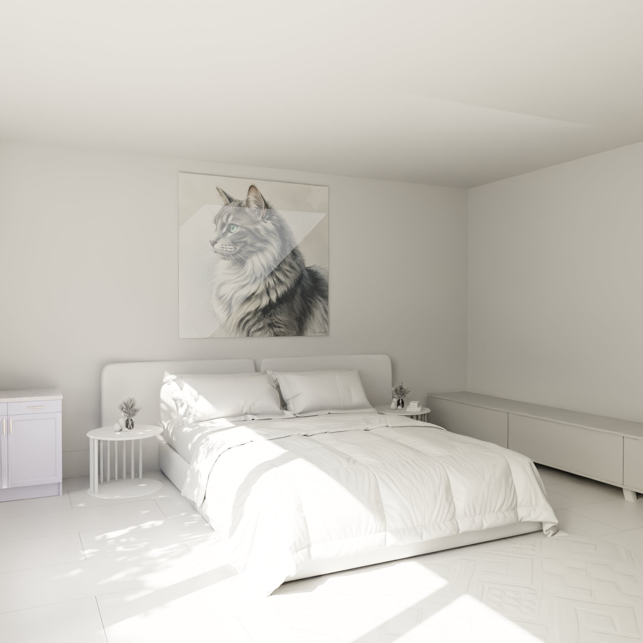 Nebelung-Katze Porträt Leinwand im modernen Schlafzimmer, elegante Katzen-Wanddekoration über dem Bett