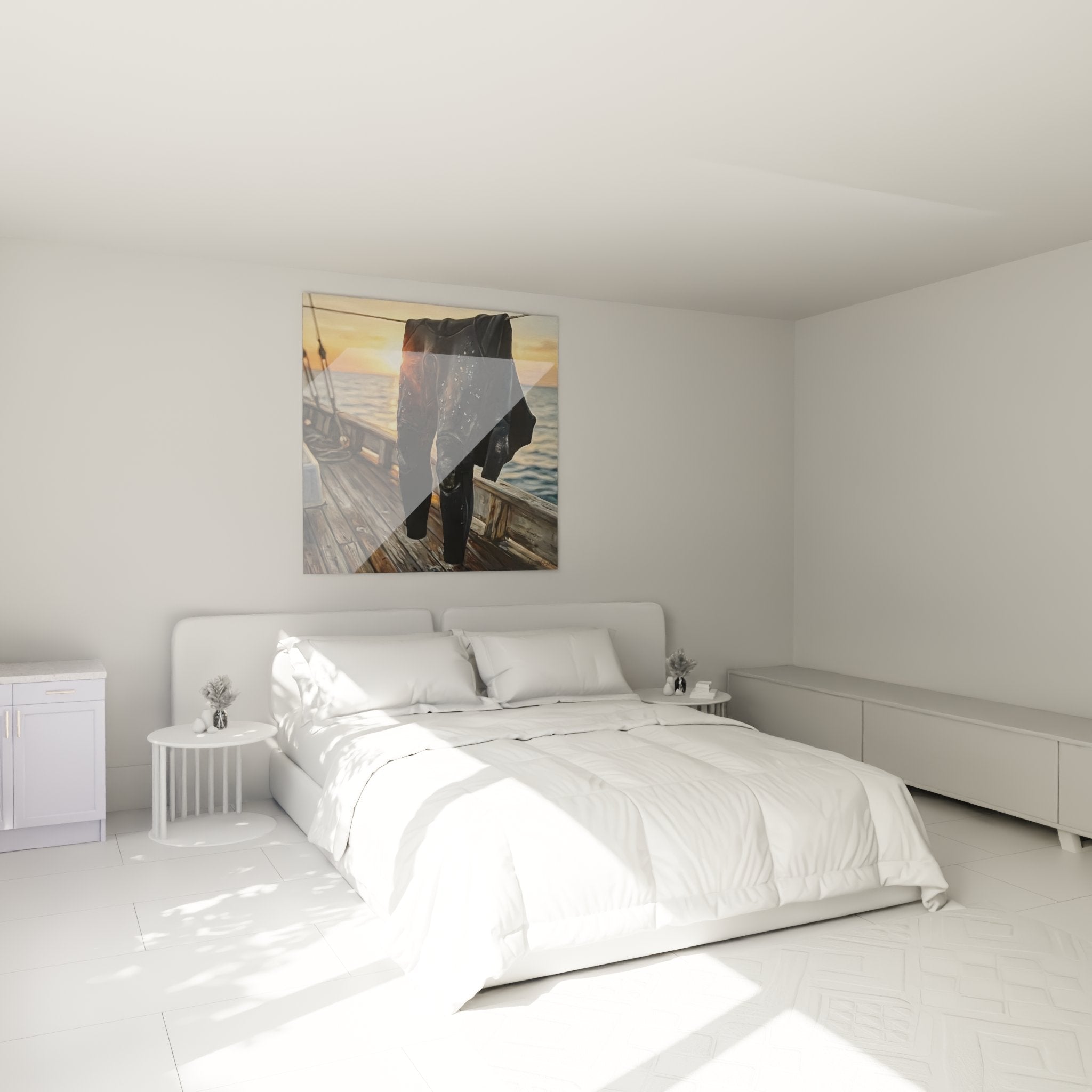 Wanddekoration Schlafzimmer mit Taucherkomposition Kunstdruck, maritime Atmosphäre und ozeanischer Sonnenuntergang