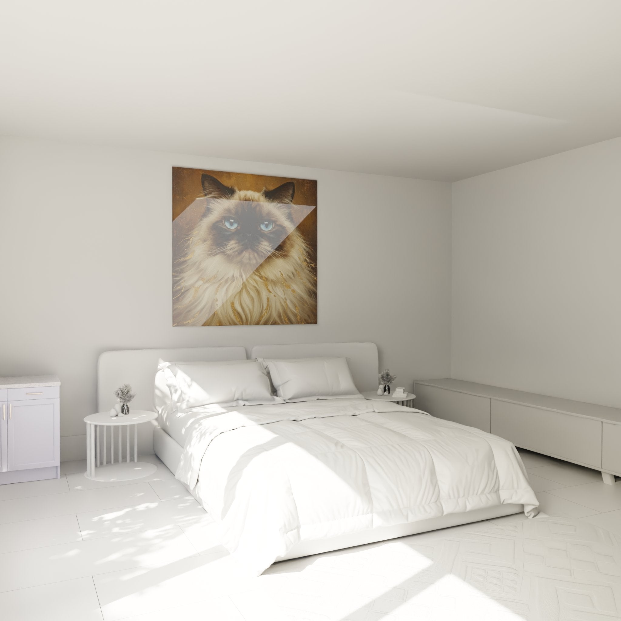 Himalayan cat painting with blue eyes hanging in bedroom wall art animal decor soft ambiance
