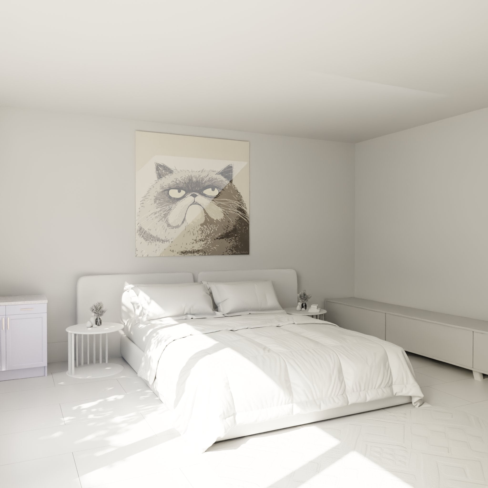 Decorazione murale camera da letto con quadro gatto Exotic Shorthair arrabbiato in atmosfera accogliente e moderna