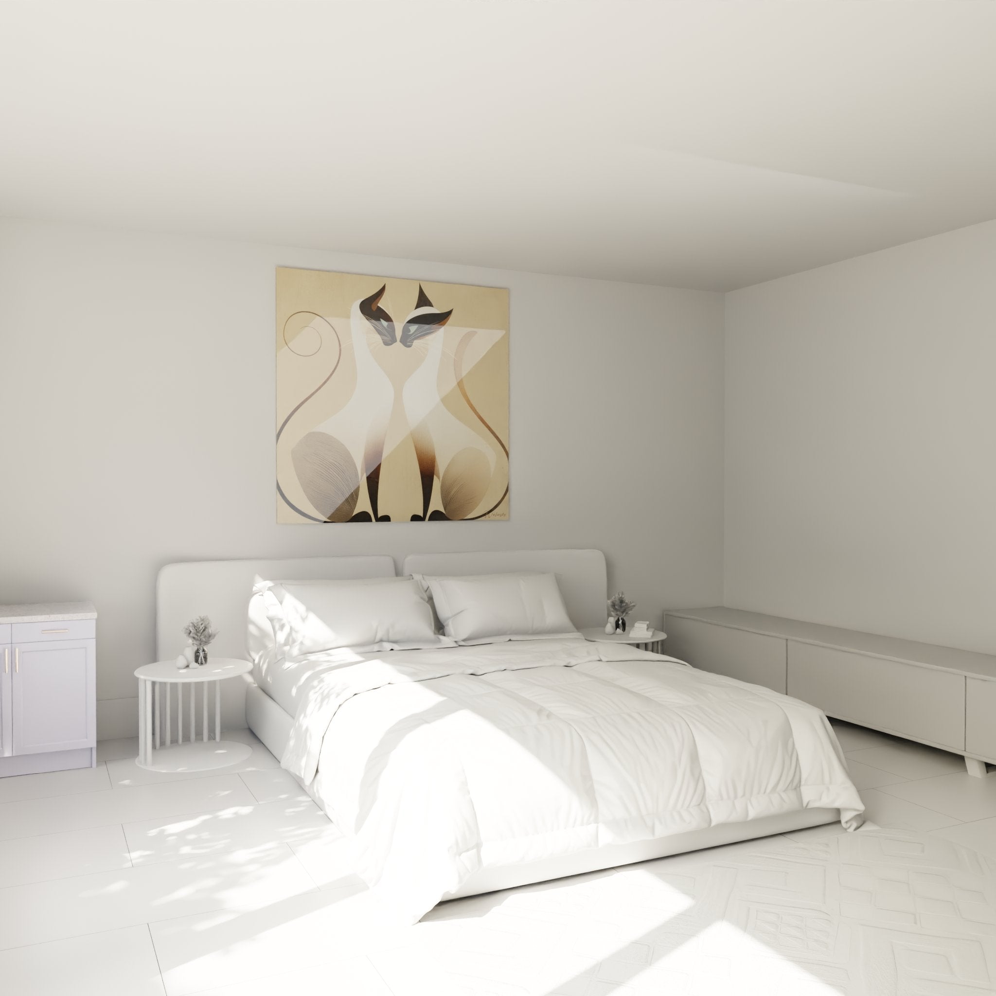 Wall decor with beige Siamese cat painting in a modern bedroom with neutral and warm tones