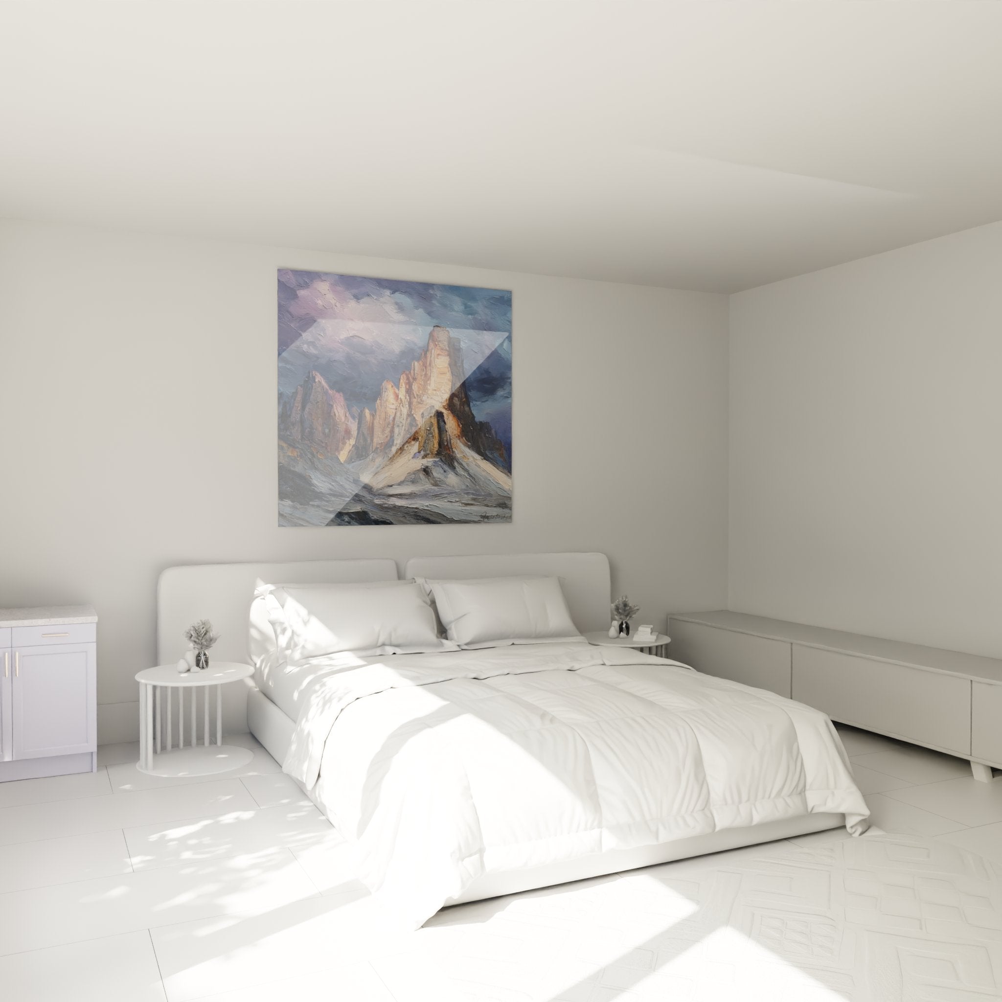 Decorazione camera quadro Tre Cime Dolomiti atmosfera calorosa pittura montagna alpina