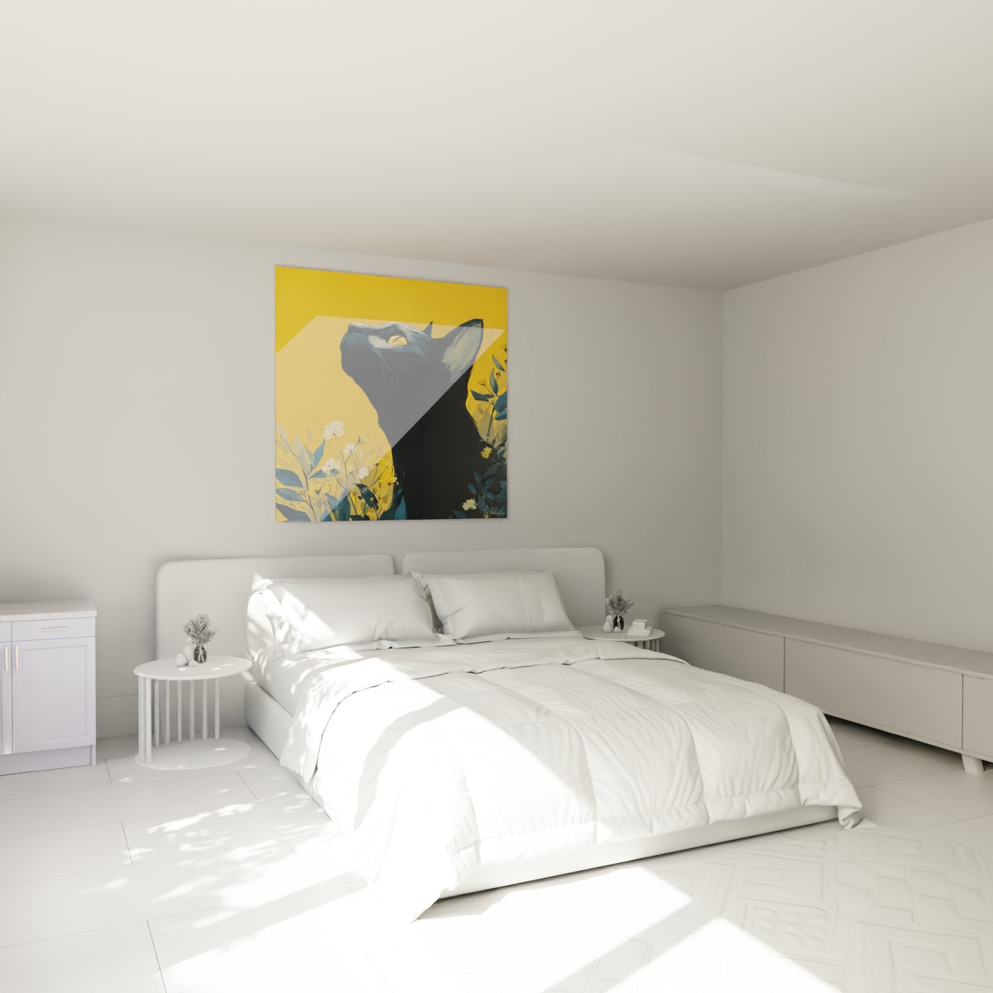 Bedroom decoration with black cat painting on wall warm ambiance golden light feline wall art