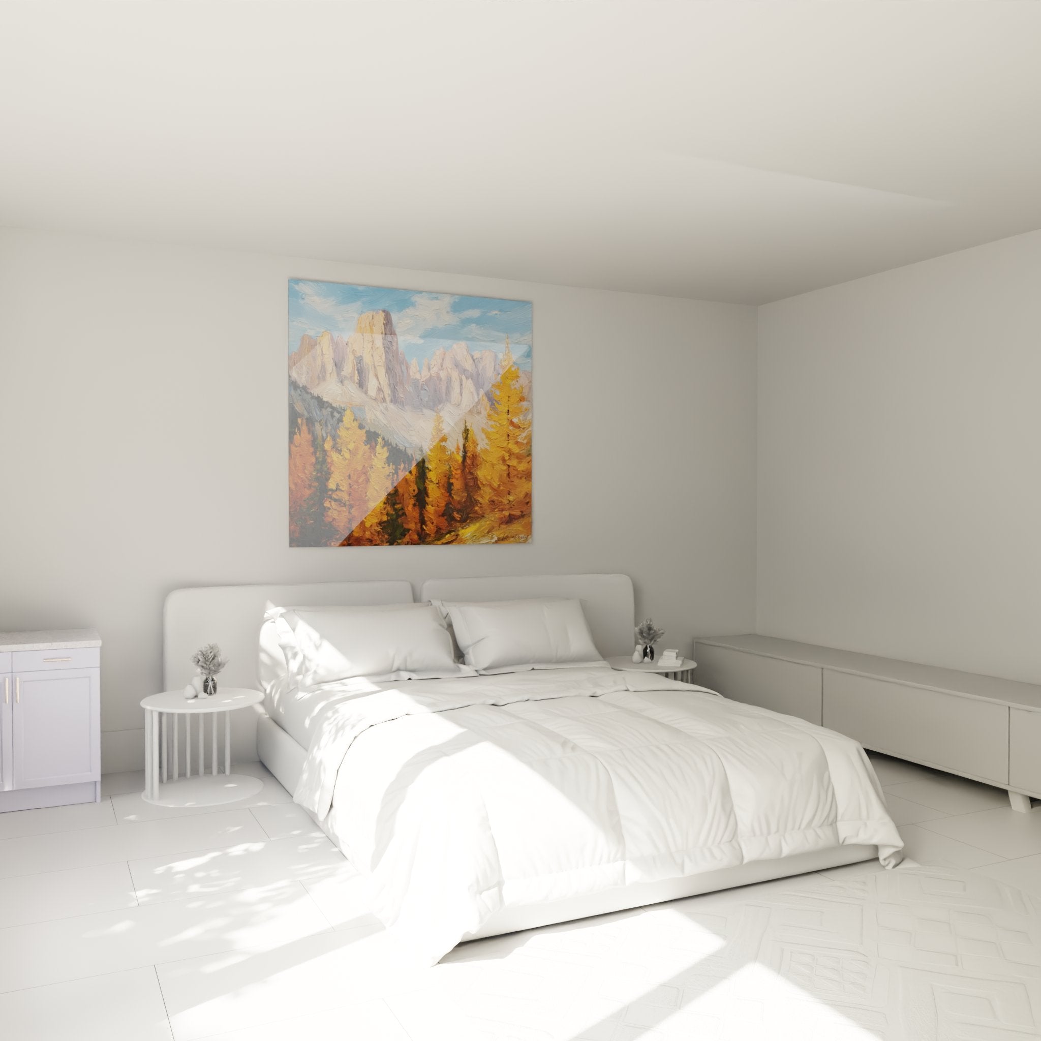 Mountain landscape wall art for bedroom featuring autumn Dolomites painting in warm and soothing tones