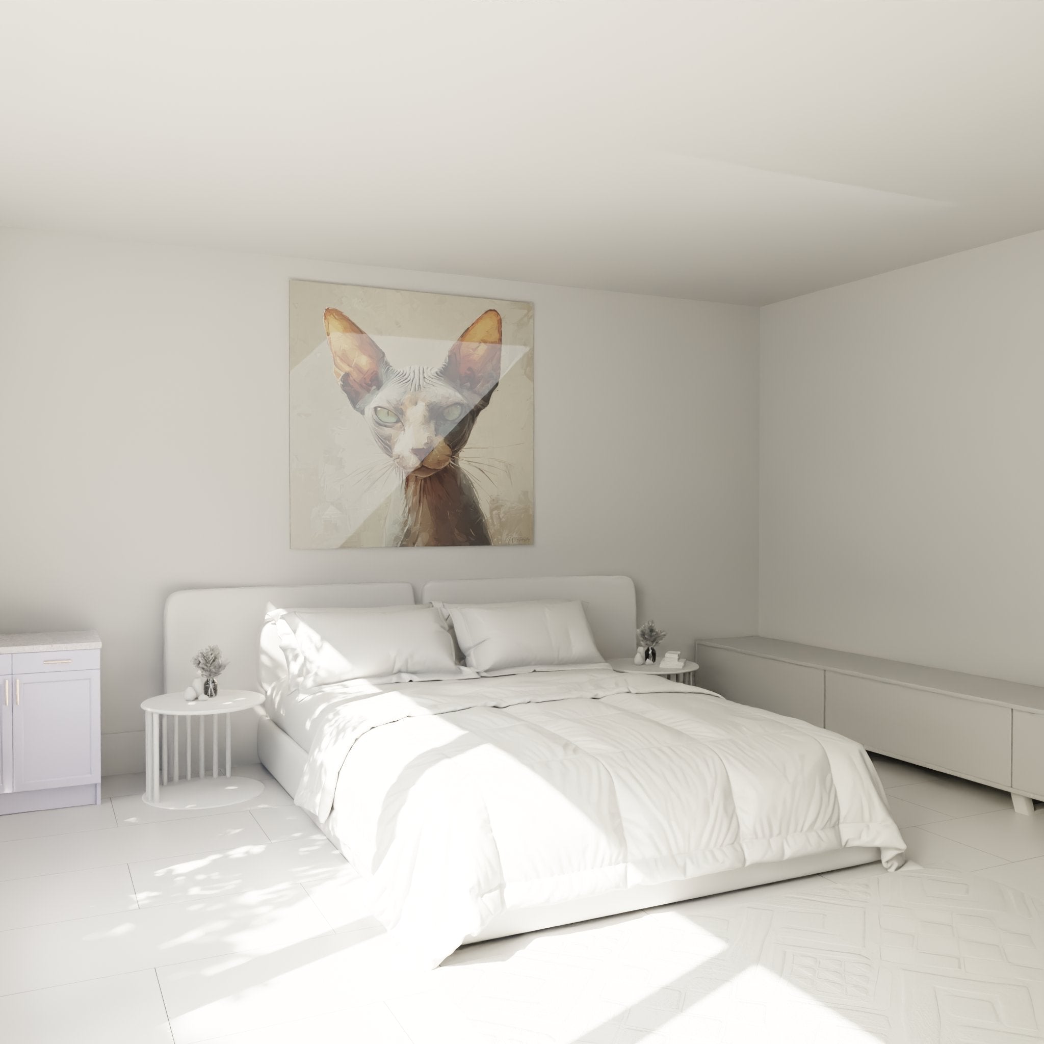 Quadro gatto Sphynx ritratto che decora elegantemente una camera moderna con toni neutri e minimalisti