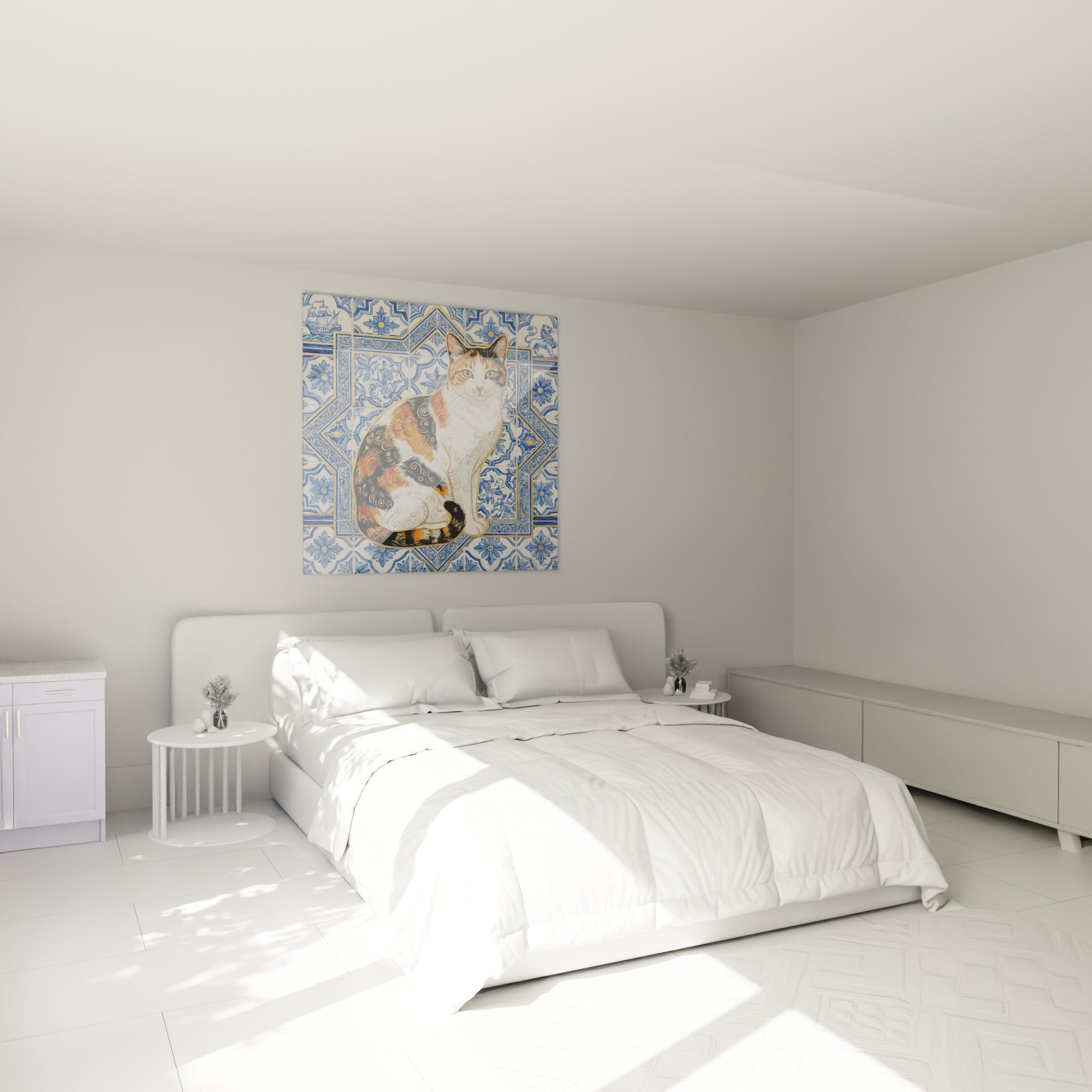 Wanddekoration Schlafzimmer mit dreifarbiger European Shorthair Katze im Stil von blauen und weißen portugiesischen Azulejos
