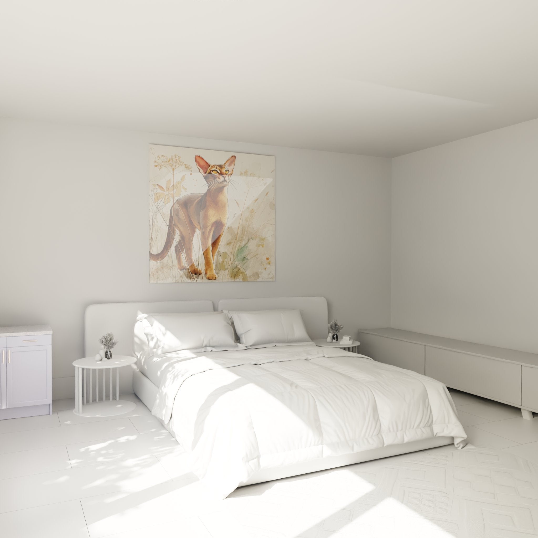 Decorazione murale gatto Abissino in una camera moderna, atmosfera naturale e rilassante