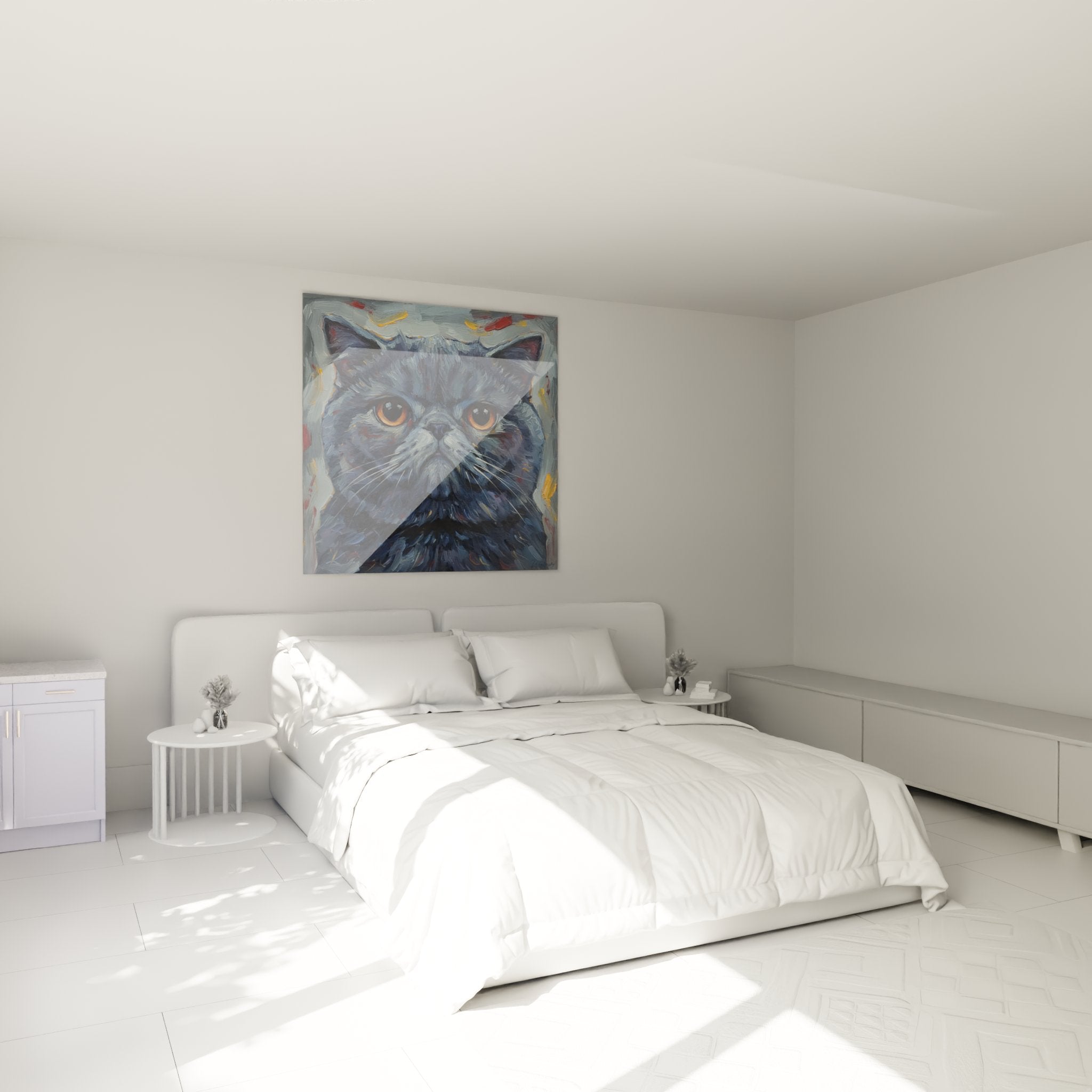 Quadro gatto Exotic Shorthair blu appeso in una camera da letto moderna con arredamento contemporaneo