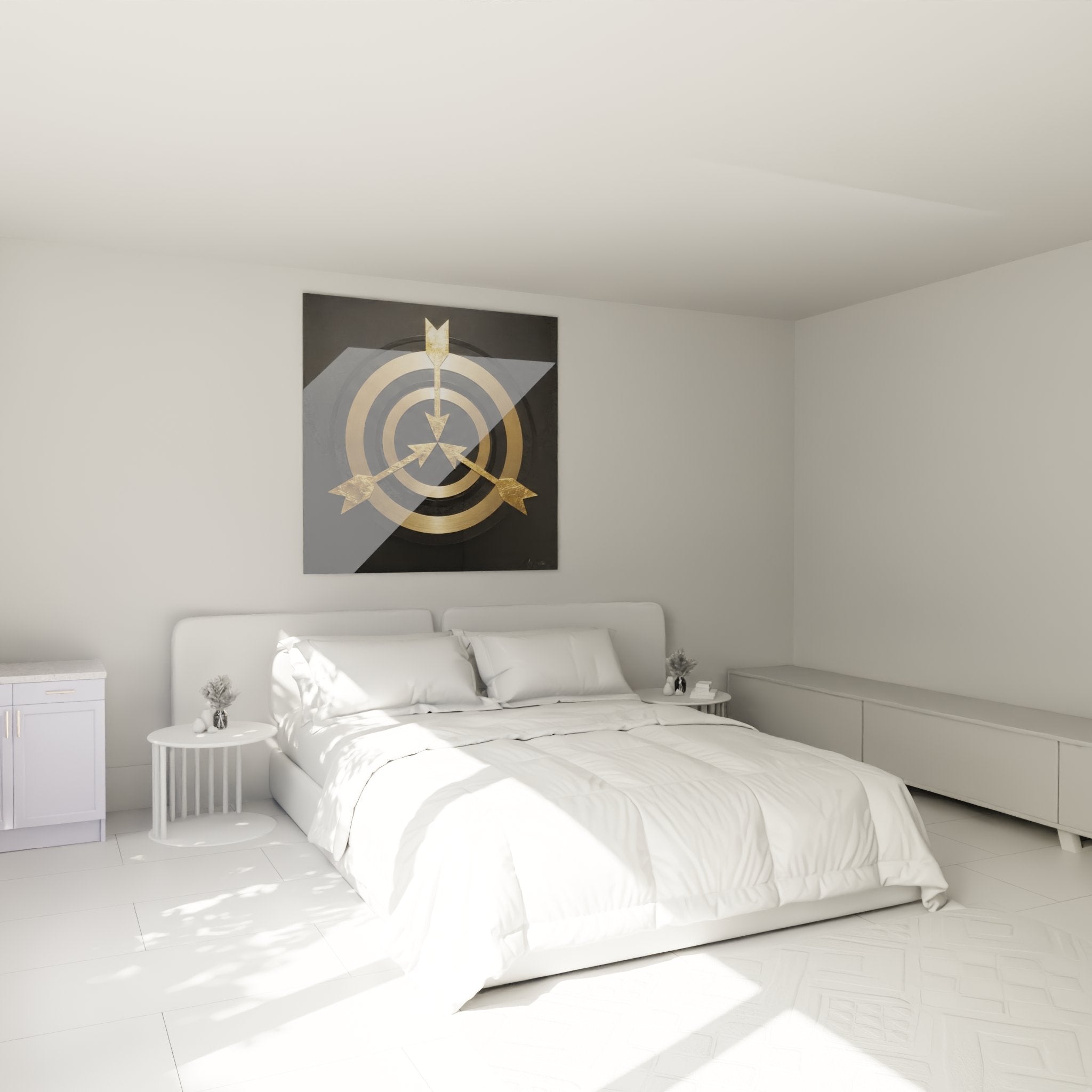 Décoration murale cible dorée dans chambre moderne, tableau tir à l'arc élégant