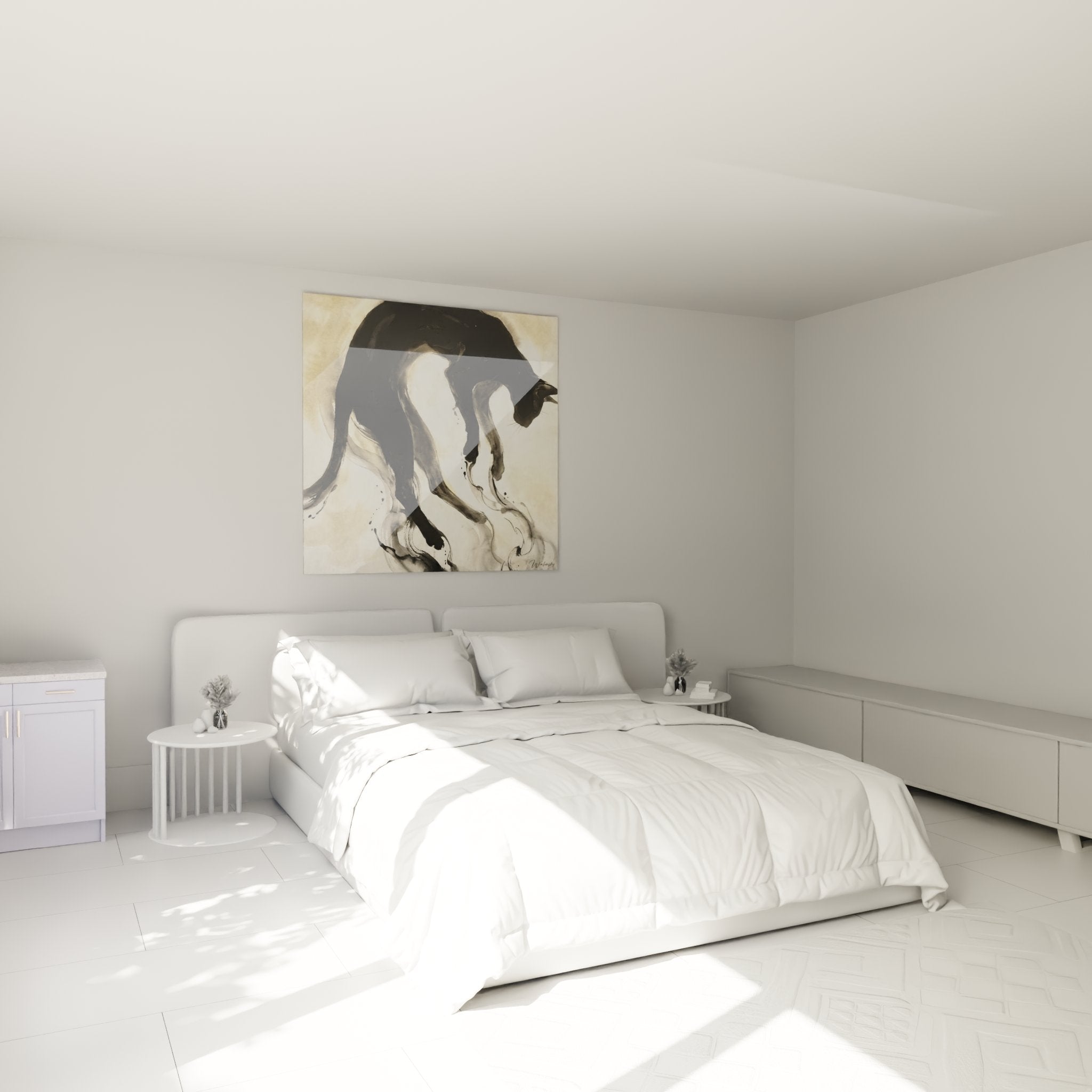 Quadro gatto nero acquerello in camera moderna, atmosfera zen e rilassante con decorazione murale felina