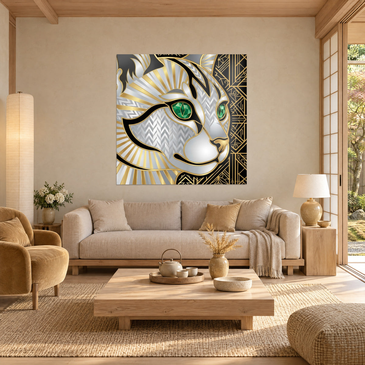 Πίνακας γάτα Burmilla σε στιλ Art Deco με σμαραγδένια μάτια, ασημένιο τρίχωμα και χρυσές γραμμές, πάνω από καναπέ σε φωτεινό σαλόνι