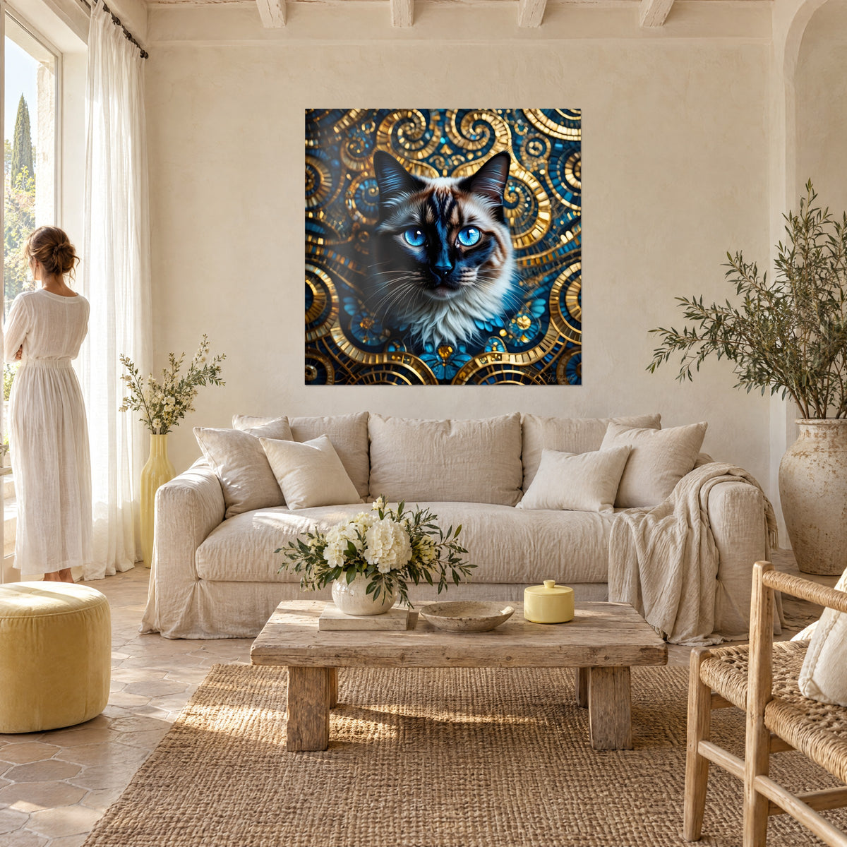 Cuadro retrato felino de ojos azul zafiro, espirales doradas sobre mosaico azur, sobre un sofá en un salón luminoso