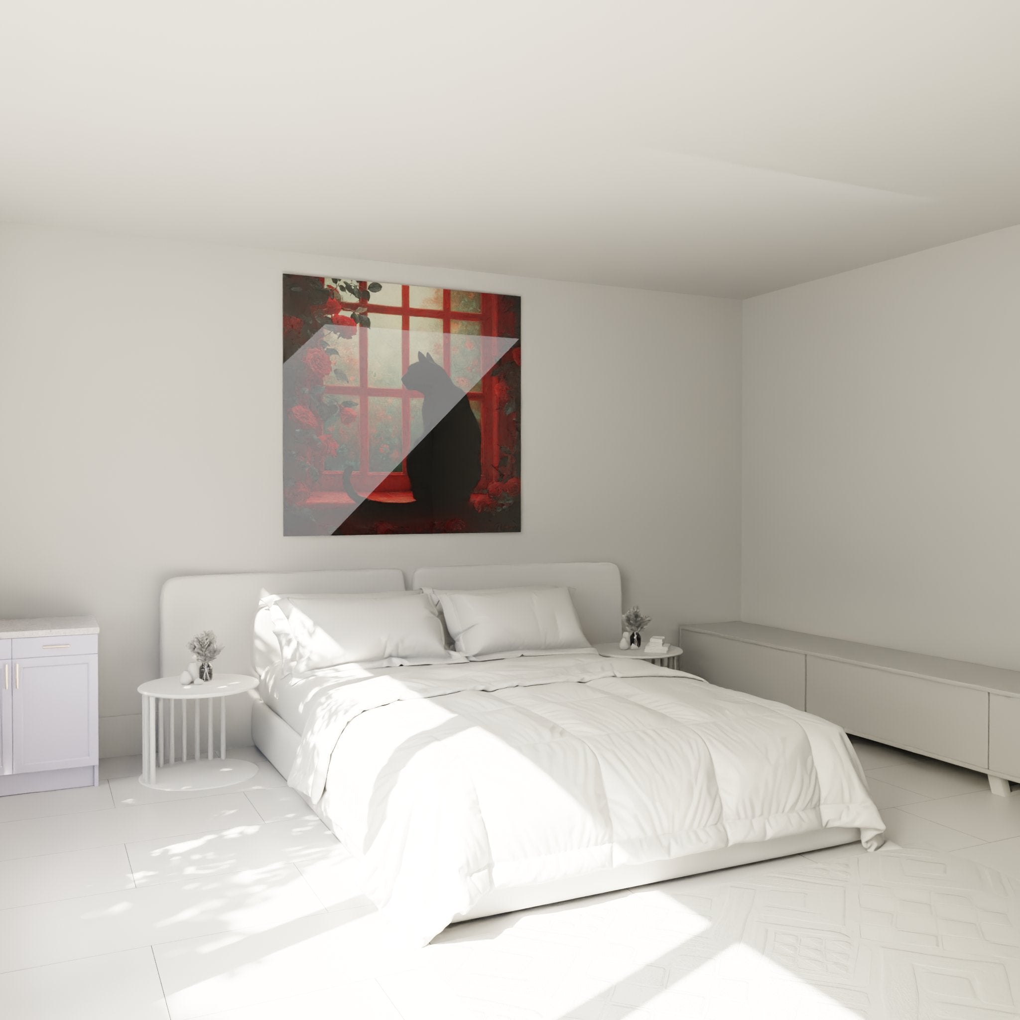 Decorazione camera da letto con quadro gatto nero alla finestra con rose rosse, atmosfera romantica e rilassante