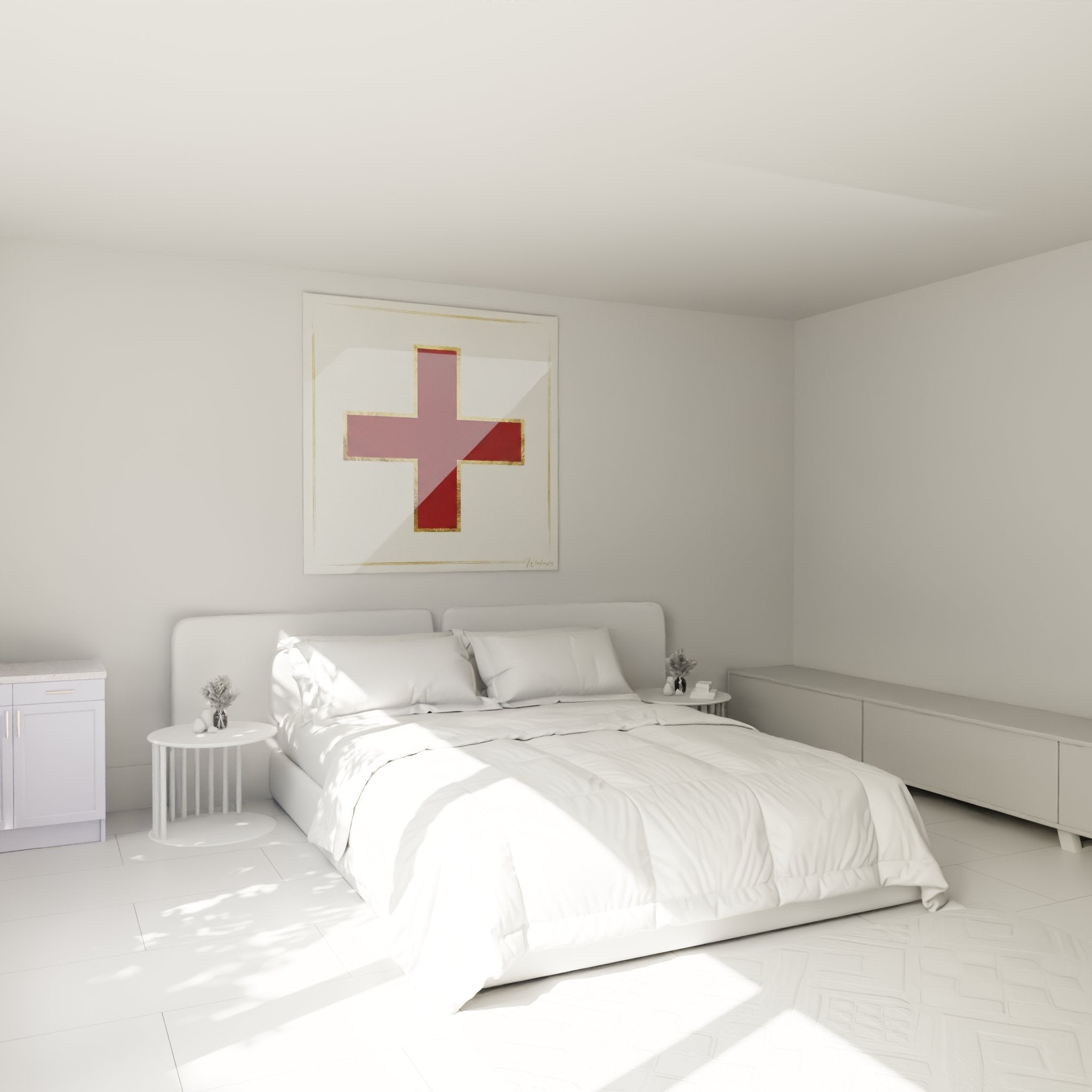 Decorazione murale croce rossa in camera moderna - quadro spirituale minimalista atmosfera tranquillizzante