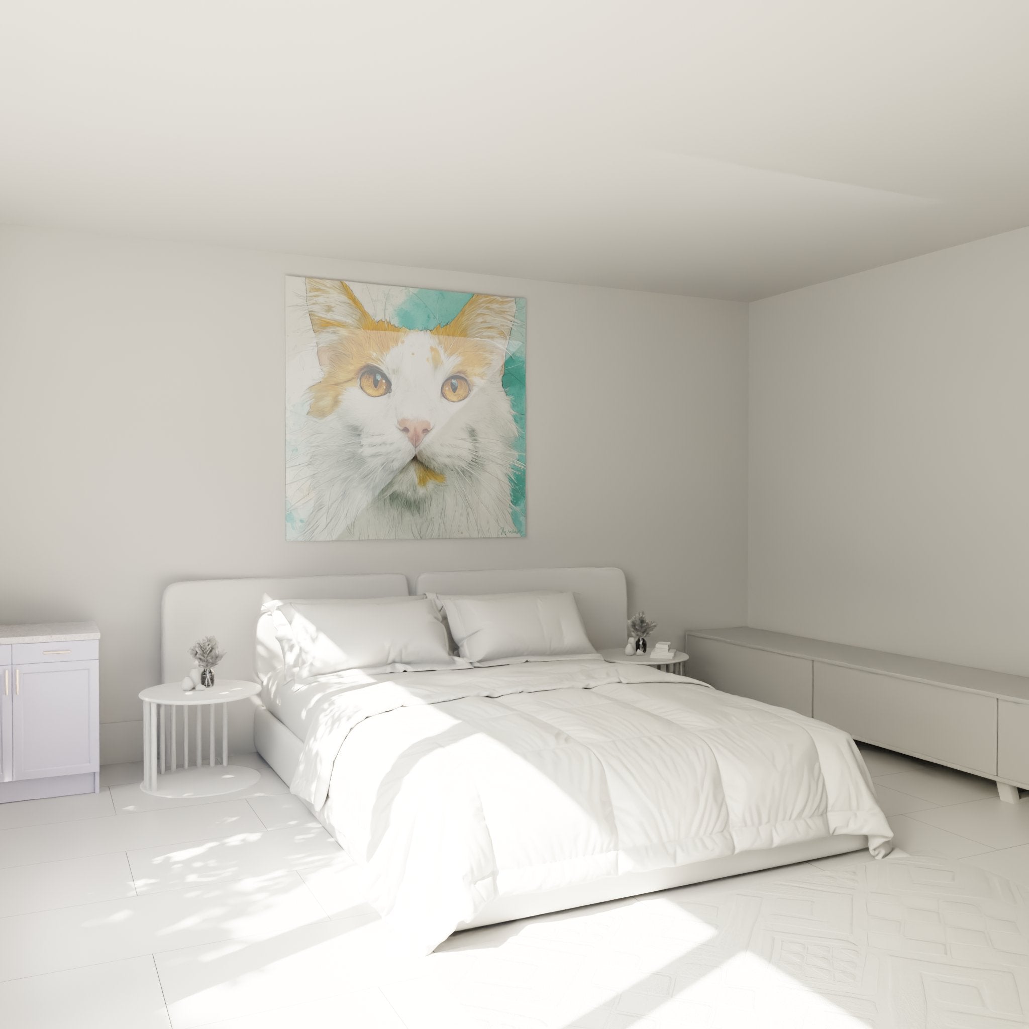 Tableau chat Turkish Van portrait dans chambre décoration murale art félin ambiance cosy