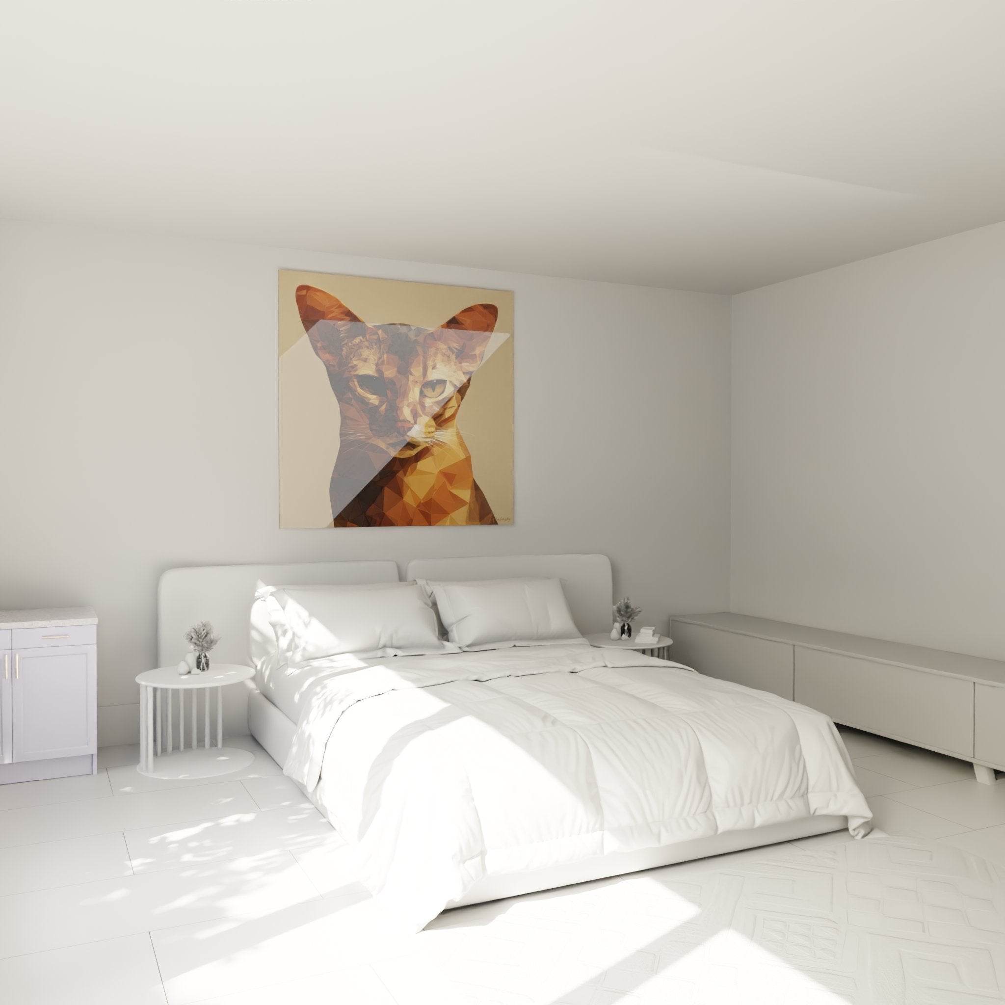 Decorazione camera da letto con quadro gatto abissino poligonale dorato stile low-poly arte murale moderna elegante
