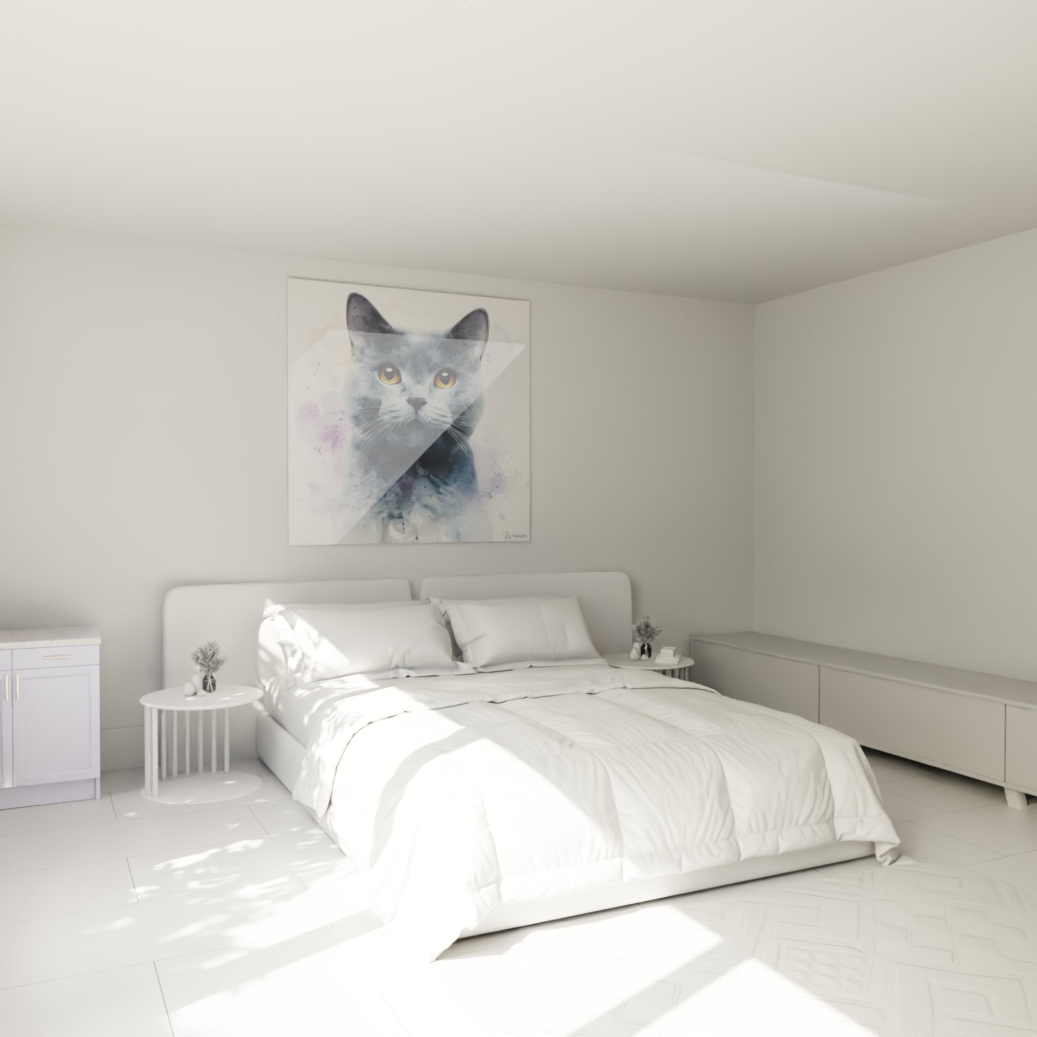Tableau chat Chartreux aquarelle dans chambre moderne, décoration murale élégante et apaisante