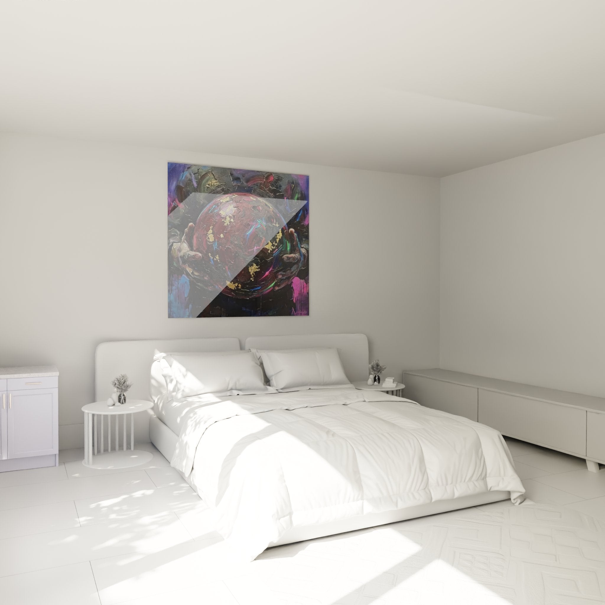 Abstract bowling wall decoration in a modern bedroom with colorful cosmic ball
