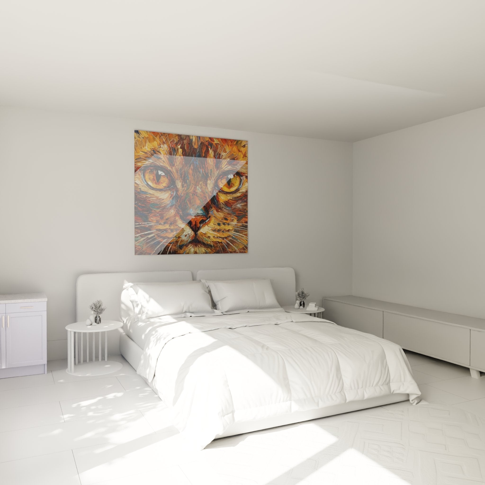 Tableau chat Burmese yeux dorés dans chambre moderne, décoration murale art félin expressionniste