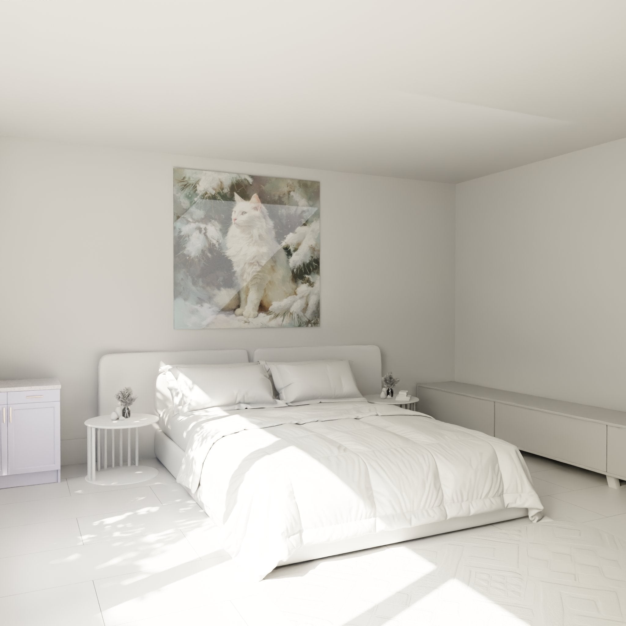 Schlafzimmerdekoration mit Turkish Angora Gemälde in Weiß in verschneiter Landschaft, gemütliche und elegante Atmosphäre