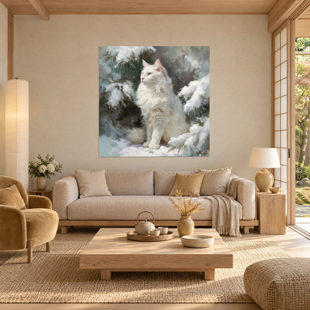 Πίνακας λευκή γάτα Angora καθισμένη κάτω από χιονισμένα κλαδιά ελάτης, πράσινο ελάτης και παγωμένο μπλε, πάνω από καναπέ σε φωτεινό σαλόνι
