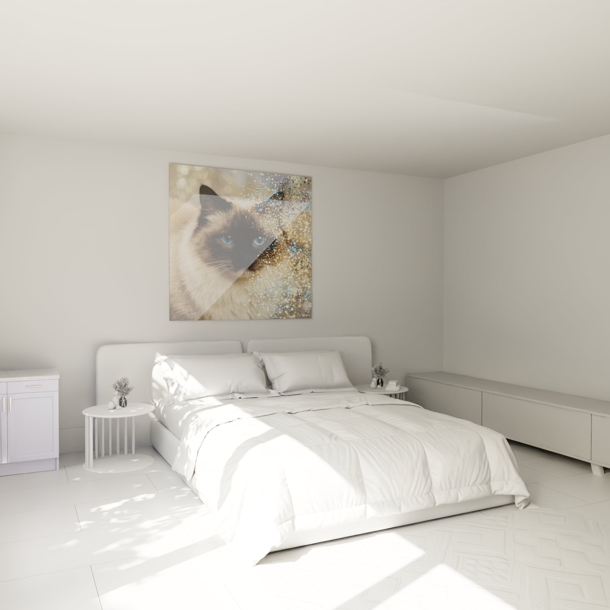 Decorazione murale gatto Ragdoll magico in camera moderna, quadro felino con effetti luminosi