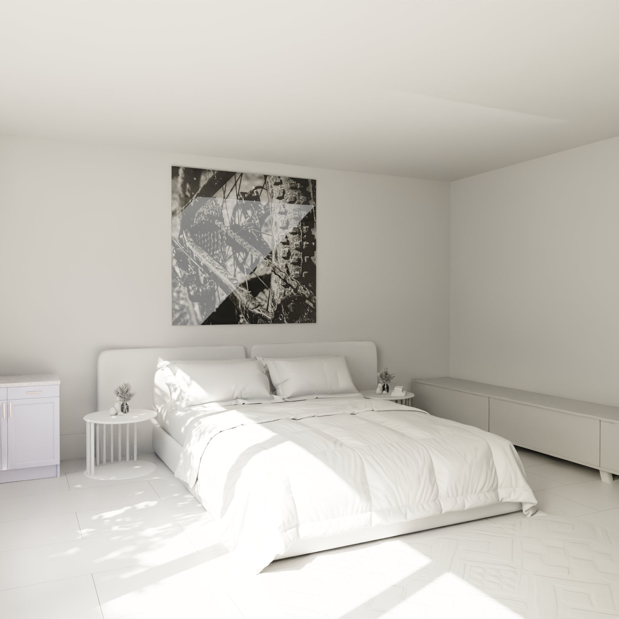 Mountain bike mechanical transmission wall art in modern black and white sports style bedroom