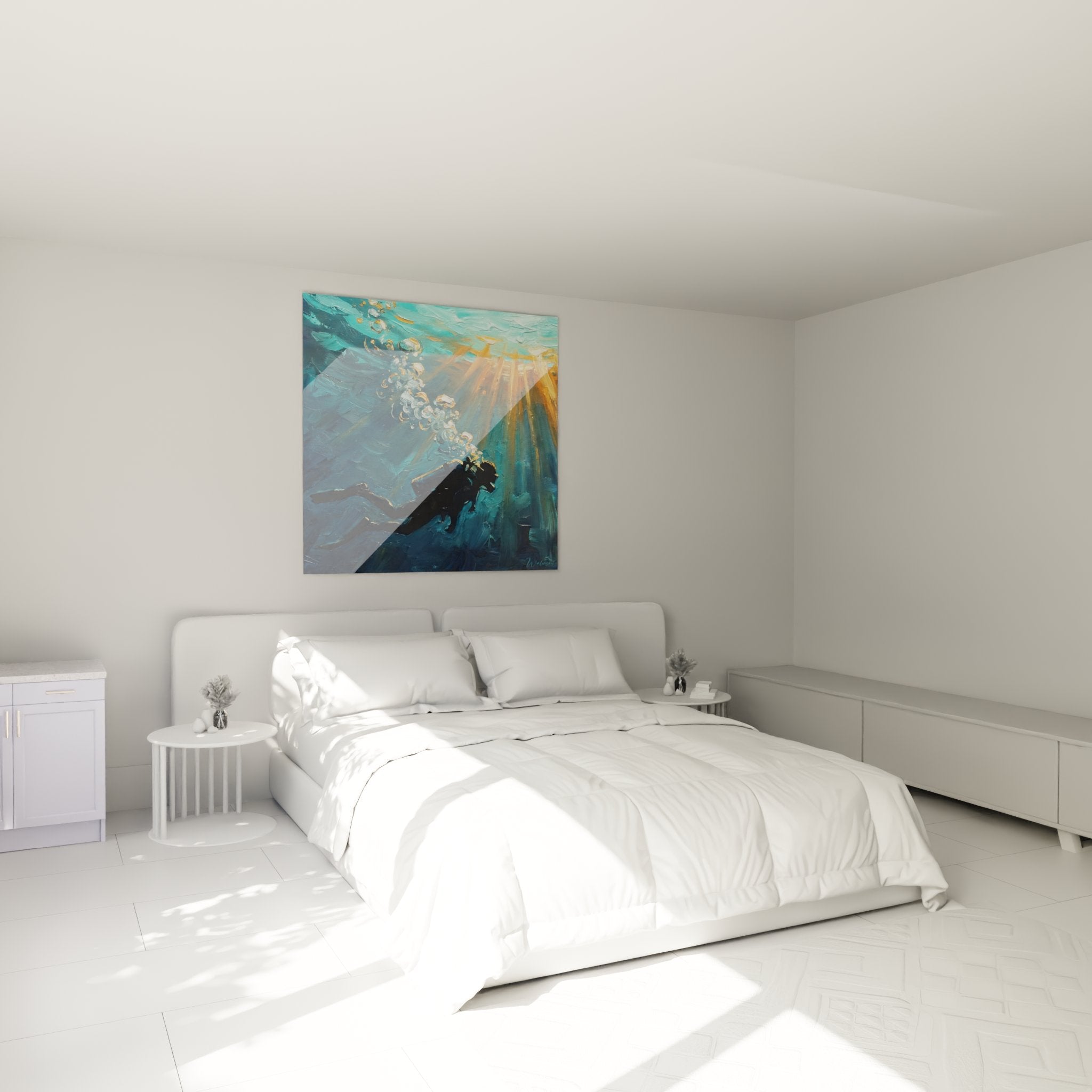 Wall decoration bedroom with underwater diver painting in bright and soothing atmosphere