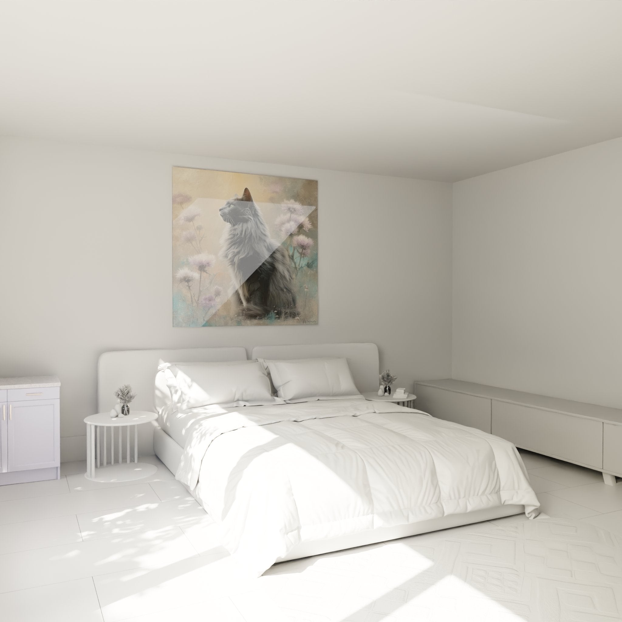 Decorazione camera da letto con quadro gatto Turkish Angora dai lunghi peli in un campo di fiori selvatici viola