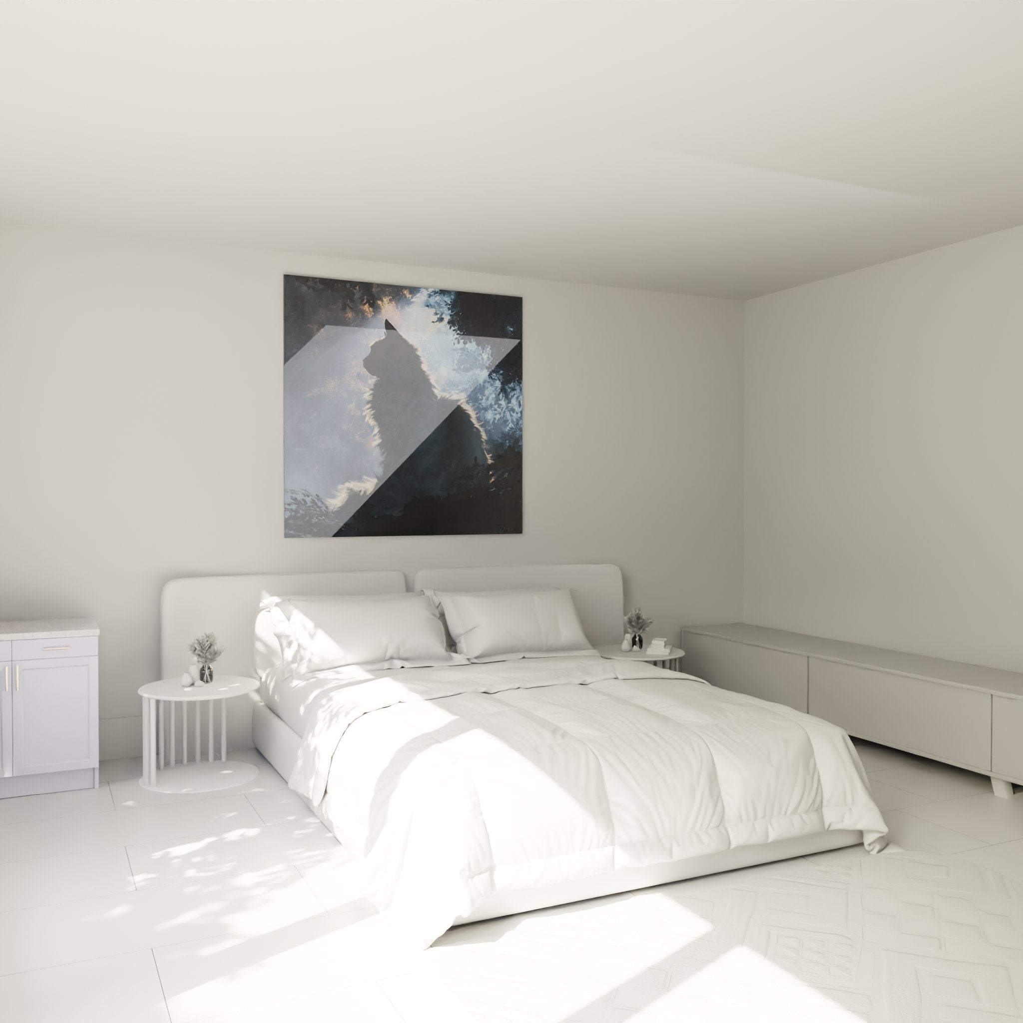 Tableau chat sibérien contemplatif décorant élégamment une chambre moderne, ambiance apaisante lumière douce