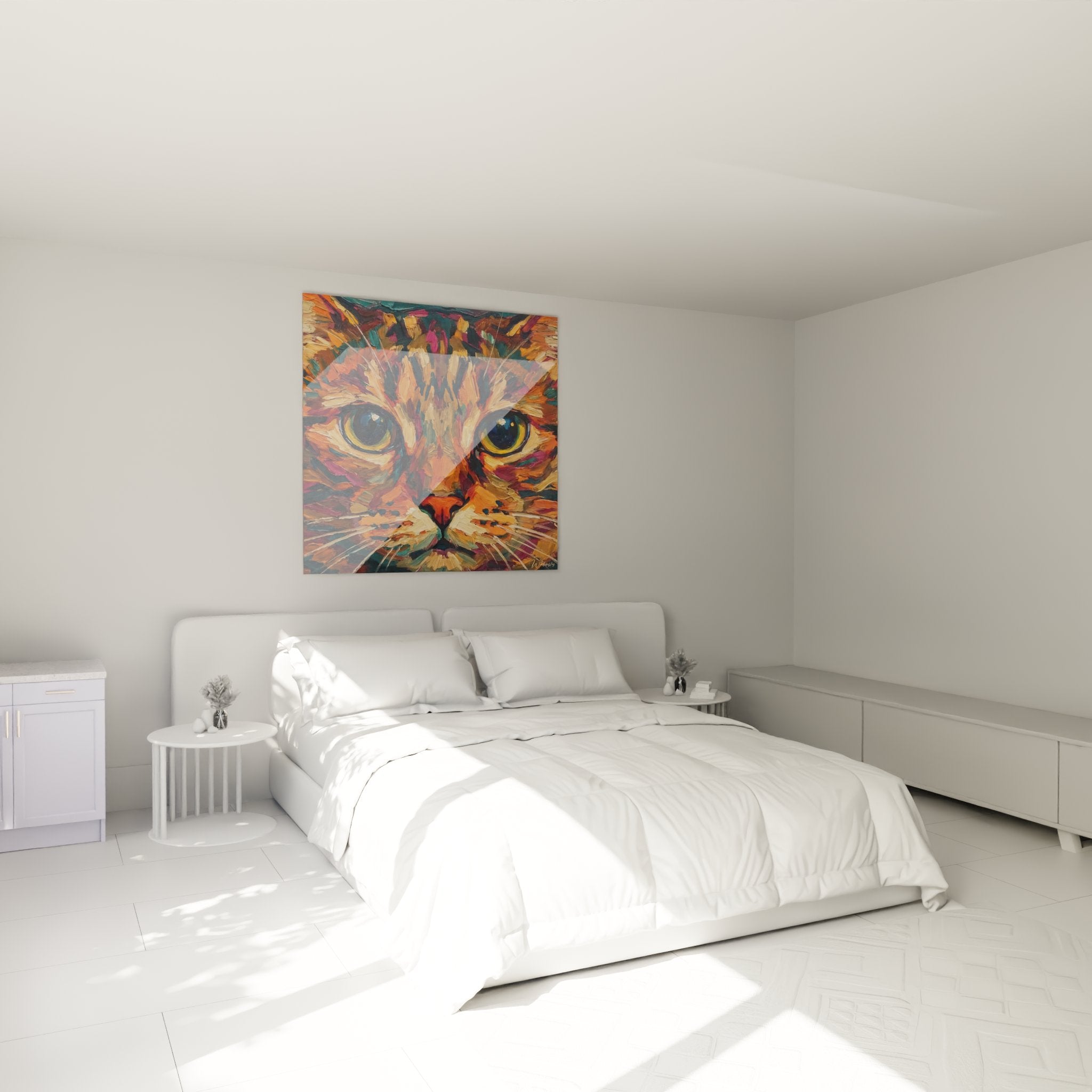 Colorful cat painting decorating a modern bedroom, expressionist feline art with warm tones