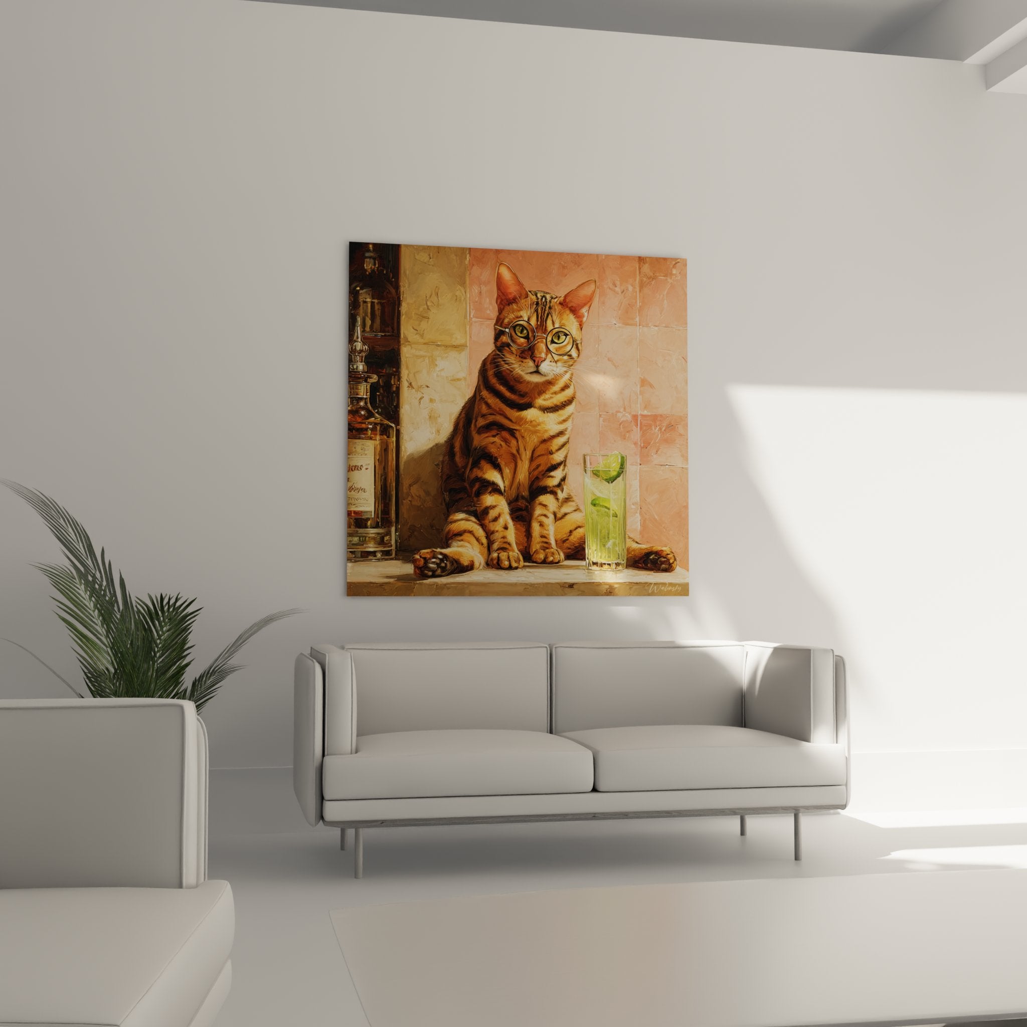 Gros plan portrait chat Toyger raye orange lunettes rondes regard intelligent expression distinguee