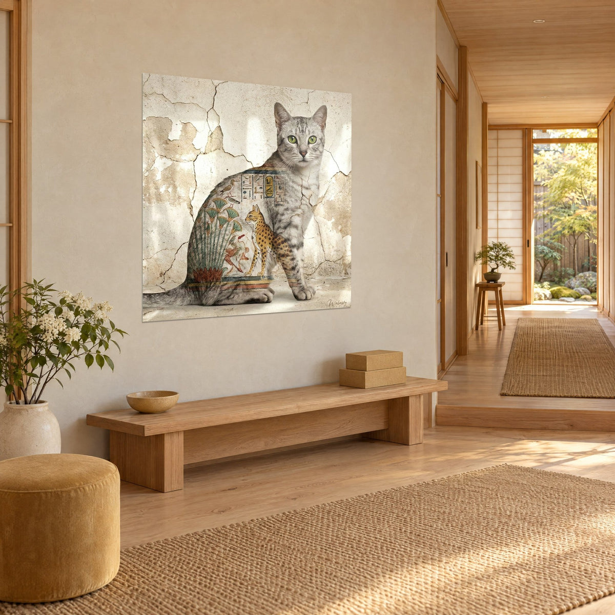 Gemälde Egyptian Mau sitzt vor einer cremefarbenen rissigen Wand, goldener Leopard auf der Flanke gemalt, in einem Japandi-Flur
