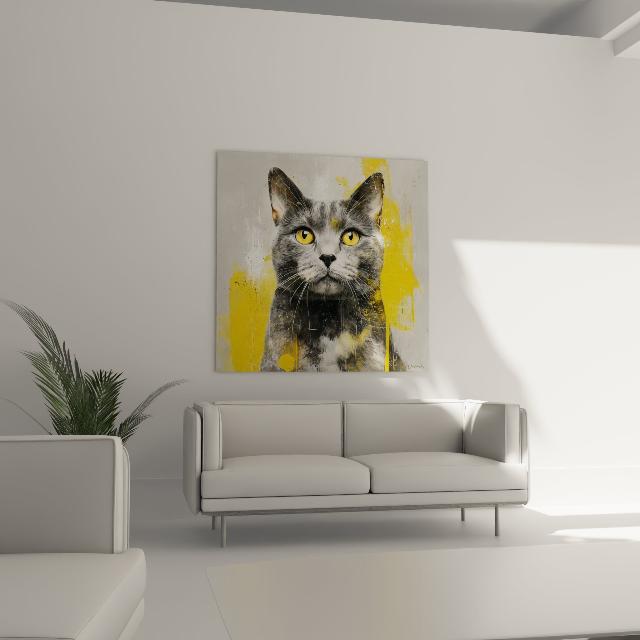 Gros plan portrait realiste chat American Shorthair yeux dores technique mixte peinture