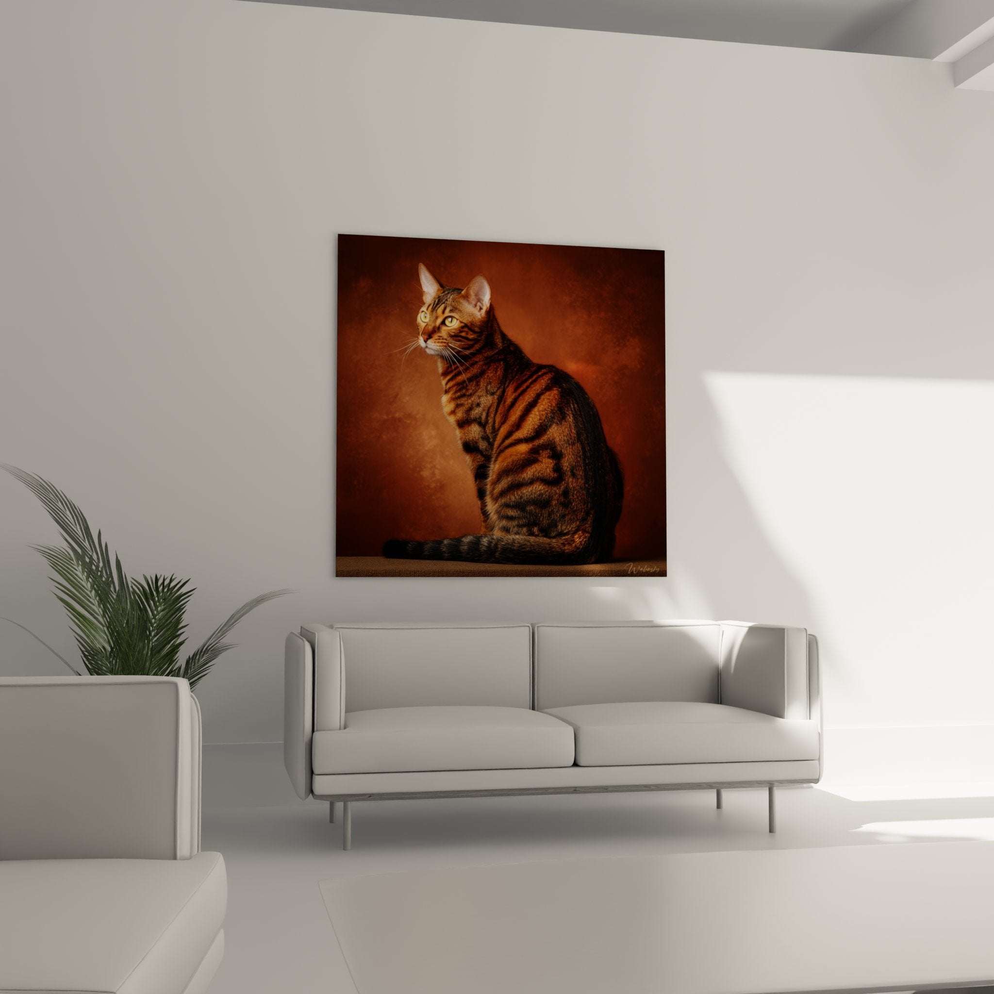 Nahaufnahme des Toyger-Katzengemäldes mit Details des gestreiften goldbraunen Fells und dem edlen Ausdruck der Großkatze