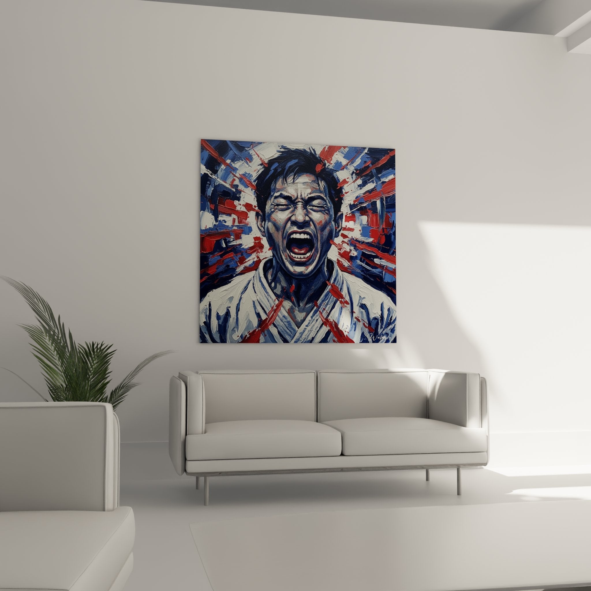 Détail rapproché du visage expressif du karatéka libérant son énergie dans un kiai puissant