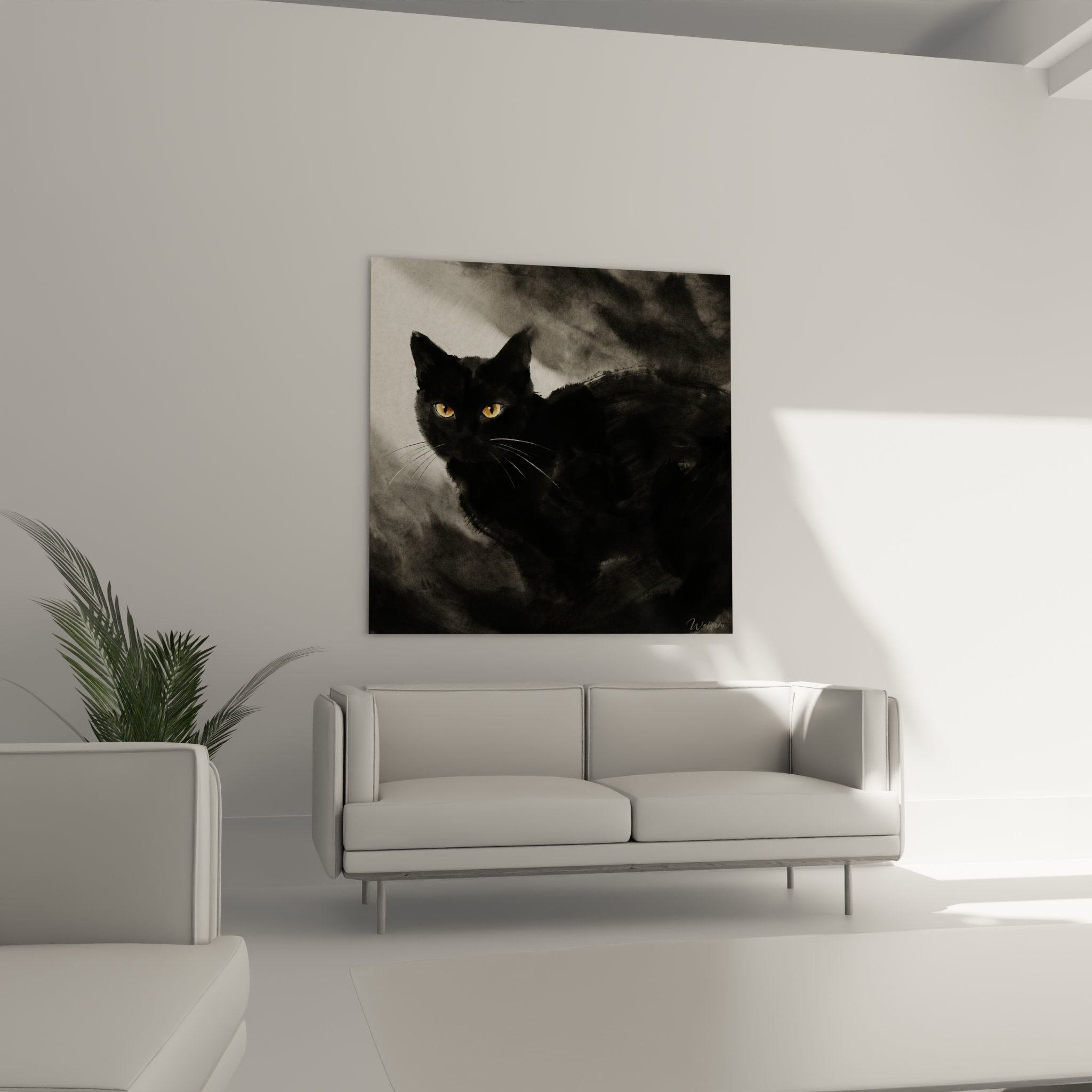 Primo piano quadro gatto nero con occhi dorati, dettagli artistici baffi e sguardo intenso arte felina
