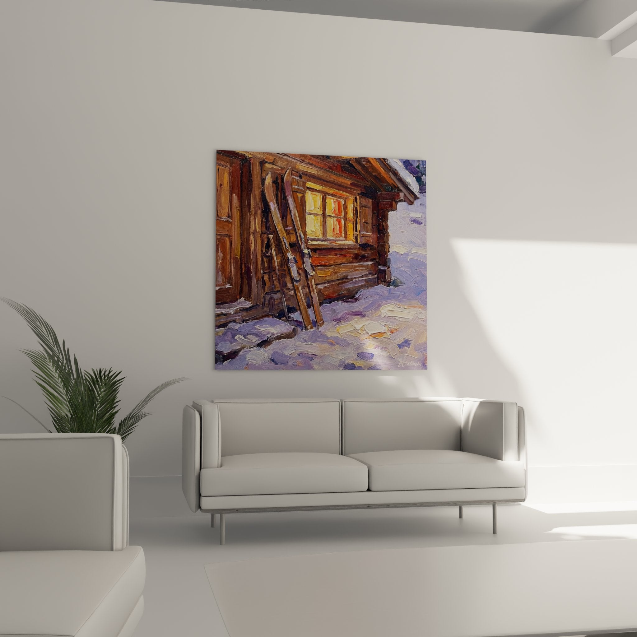 Détail peinture texture pinceau chalet bois skis vintage montagne neige violette impressionnisme