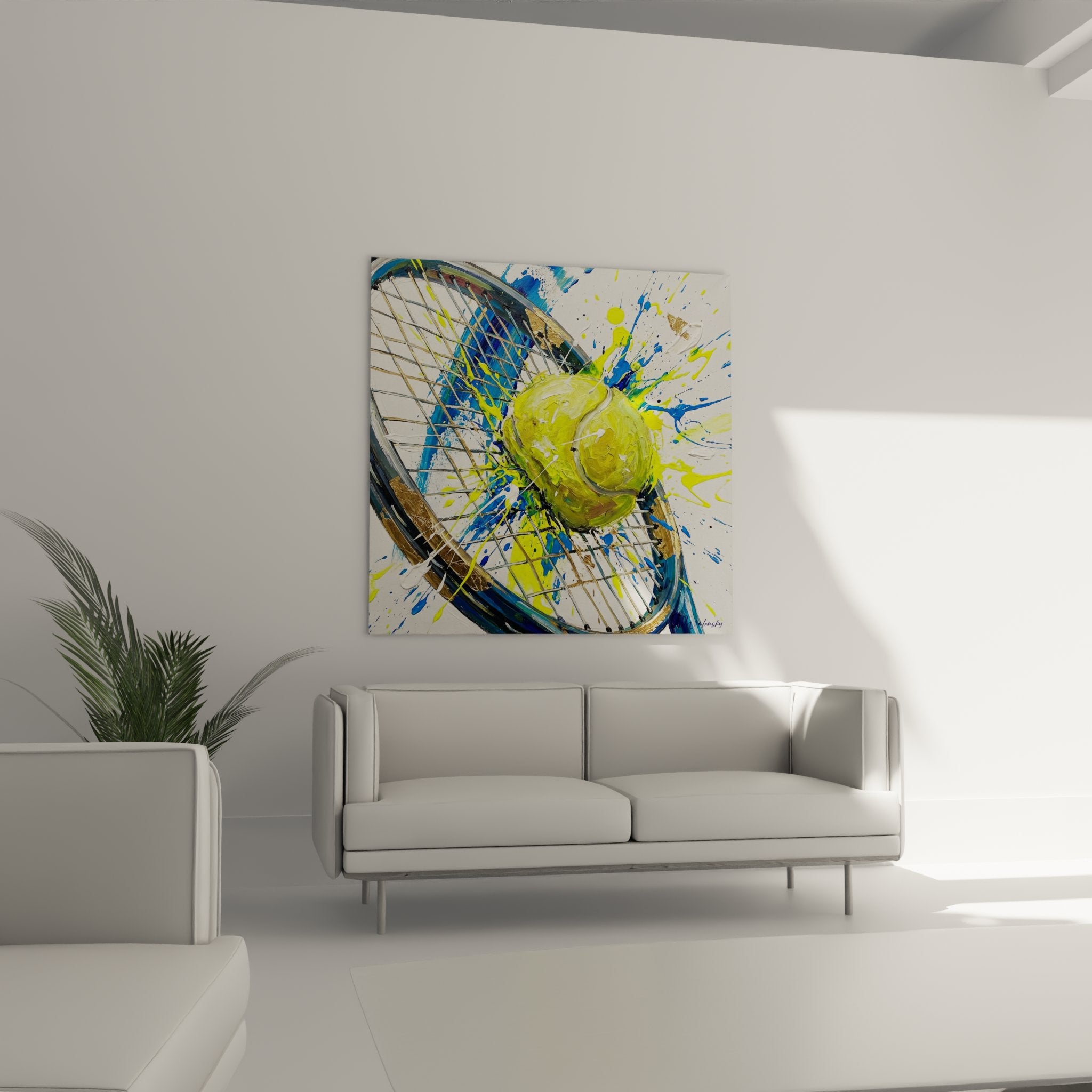 Tennis painting detail textured yellow ball strings racket thick paint
