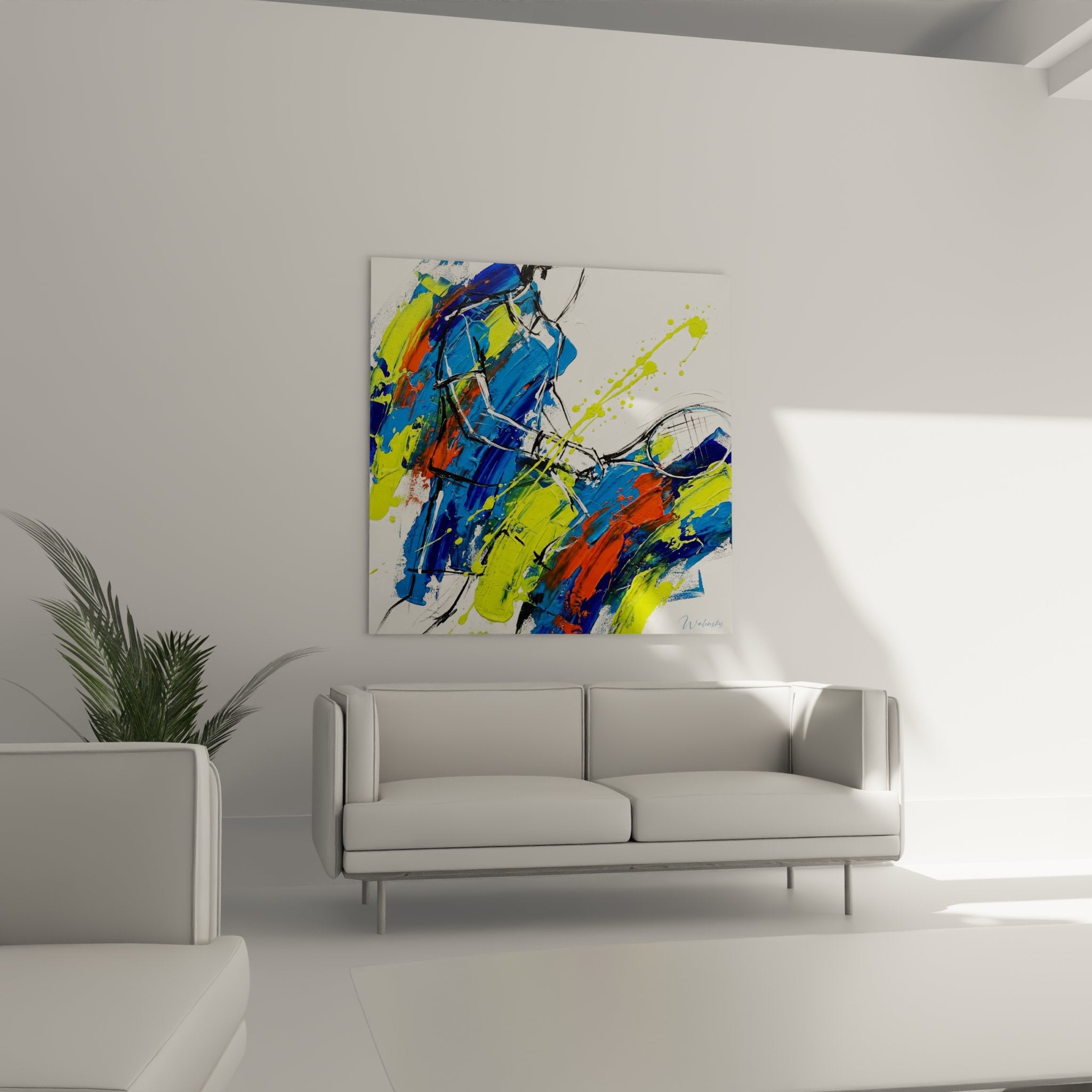 Dettaglio della pittura tennis astratta, tratti di pennello espressivi e schizzi colorati nello stile contemporaneo