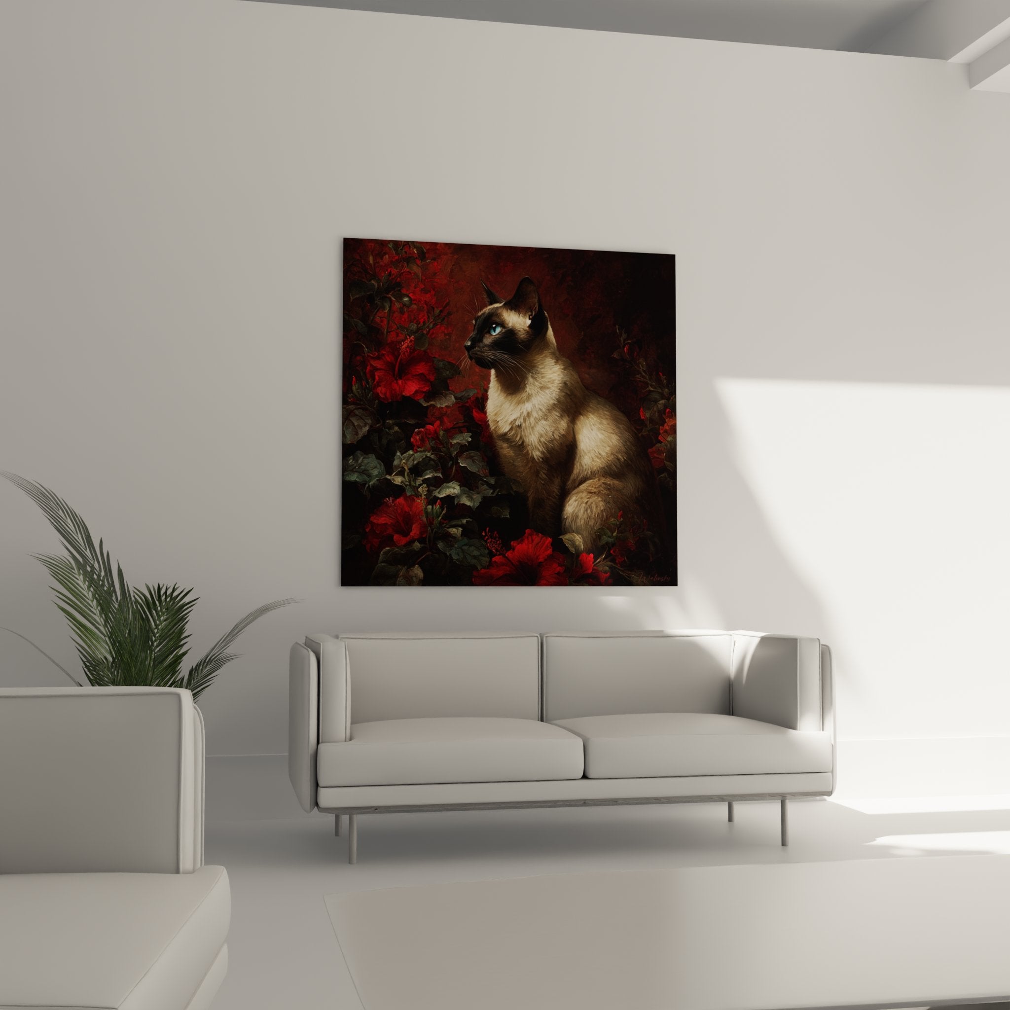 Detail of the seal point coat of the Balinese cat and red hibiscus flowers in artistic wall art