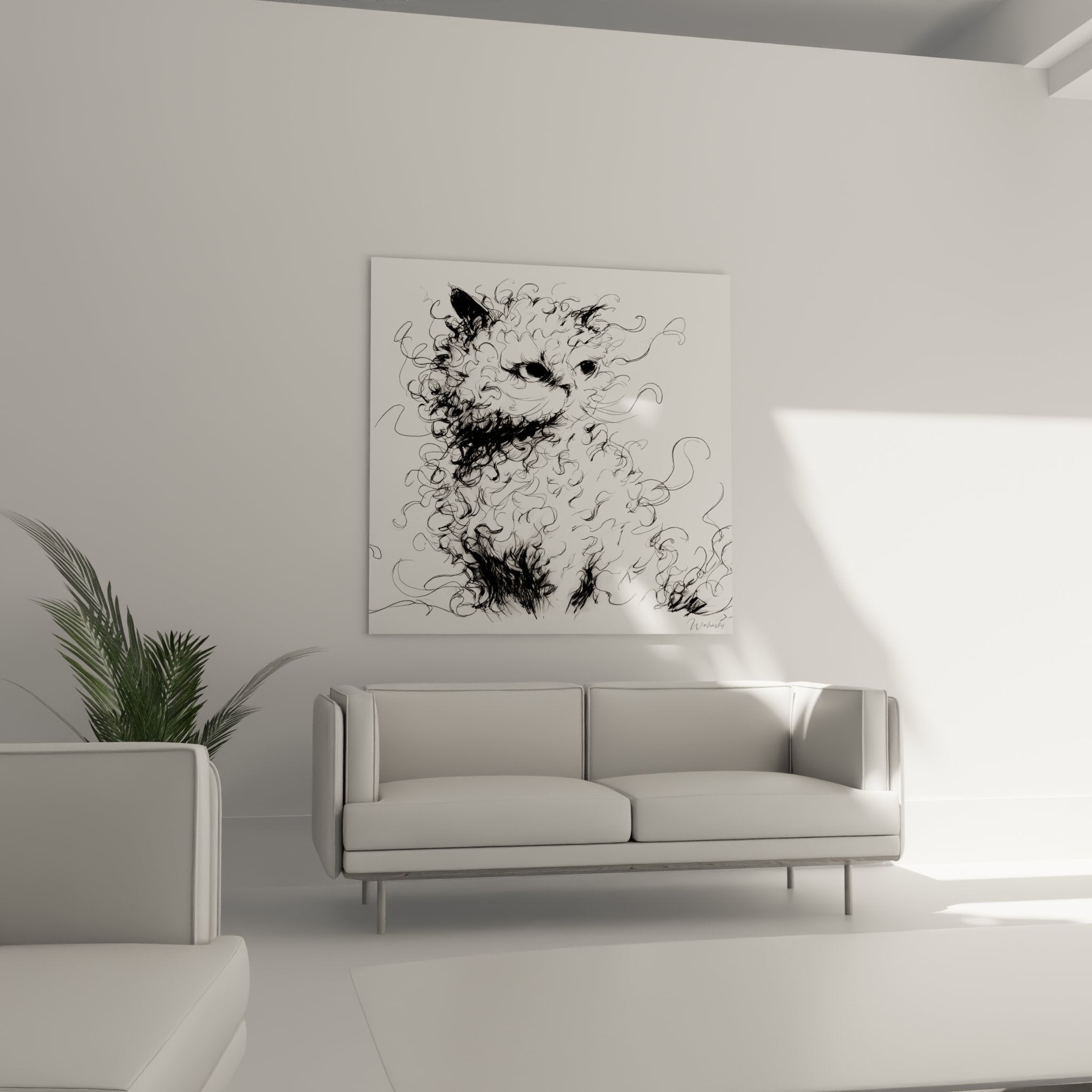 Detail esquisse artistique chat Selkirk Rex traits tourbillonnants noir blanc art mural contemporain