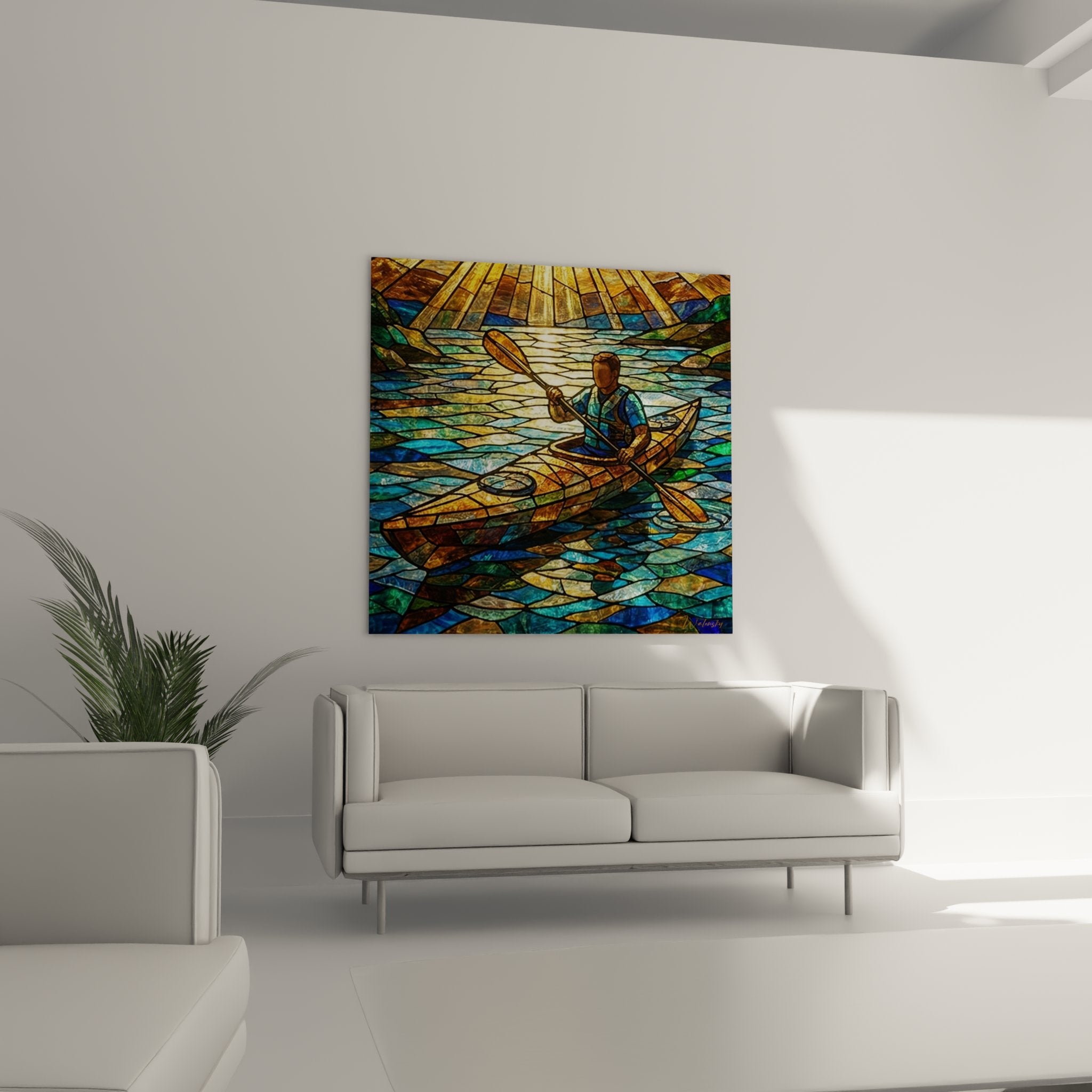 Detail du tableau kayakeur montrant la technique vitrail avec contours noirs et verres colores bleus et ors