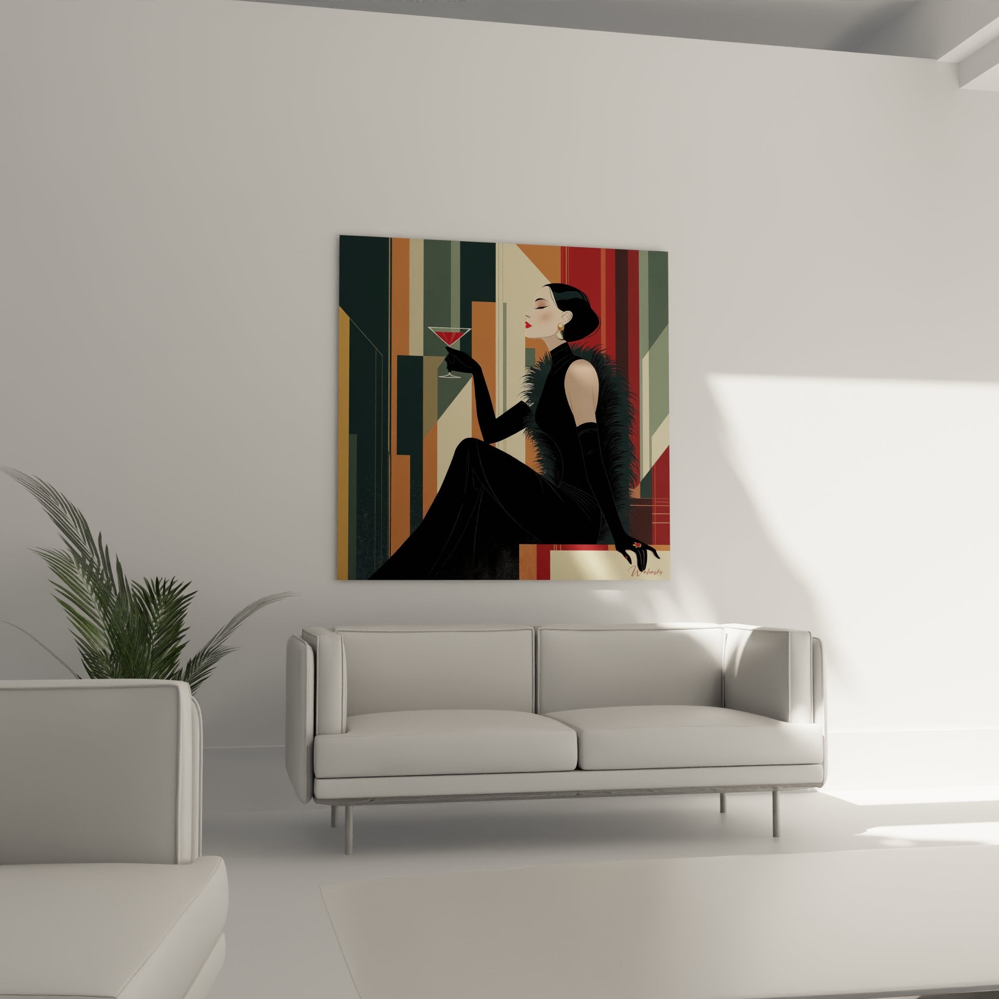 Détail proche tableau art déco femme glamour rouge lèvres coiffure carré boucles oreilles dorées vintage