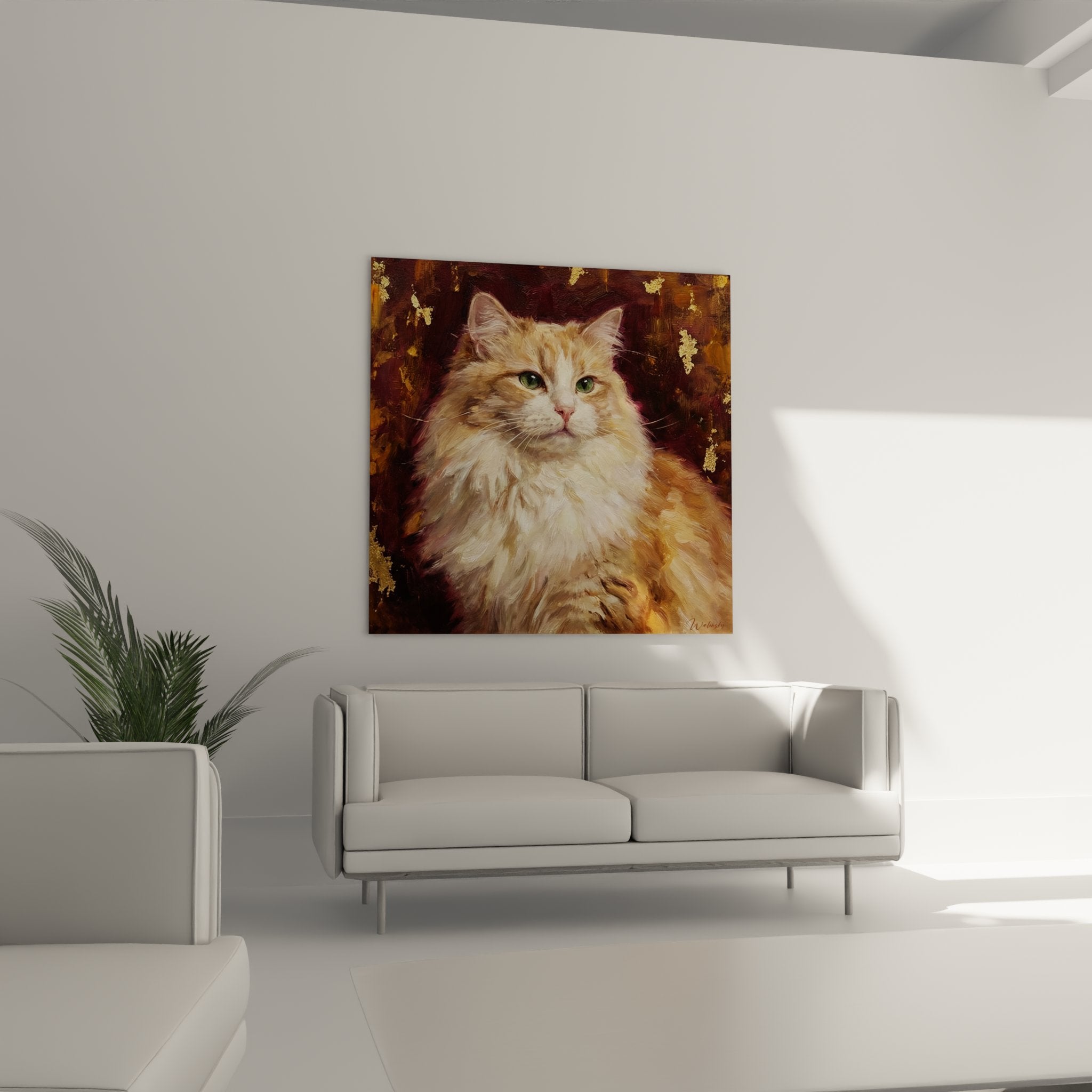 Dettaglio del quadro: occhi verdi penetranti e manto setoso del gatto Ragamuffin rosso