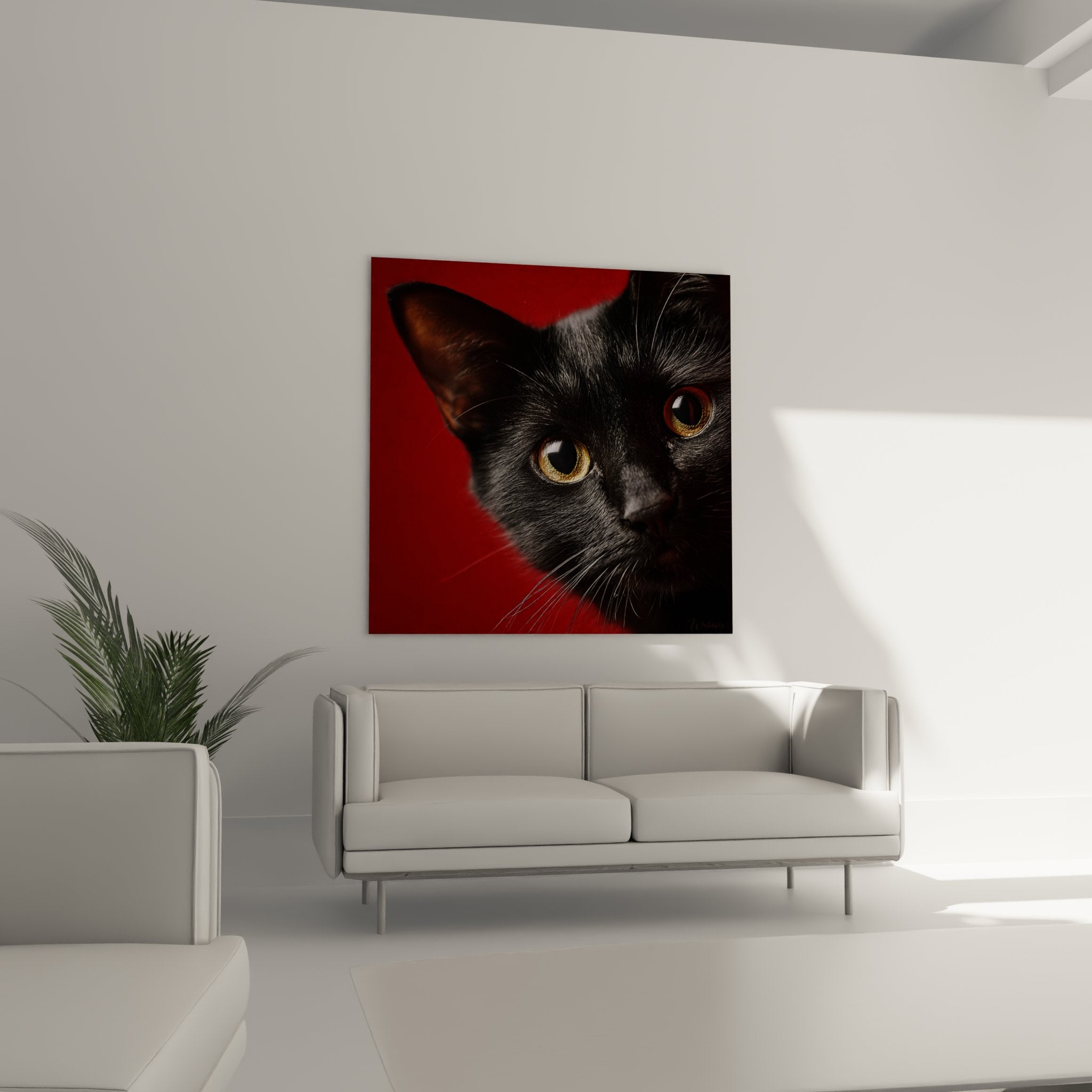 Gros plan tableau chat Bombay regard doré intense, détails pelage noir soyeux art mural haute qualité