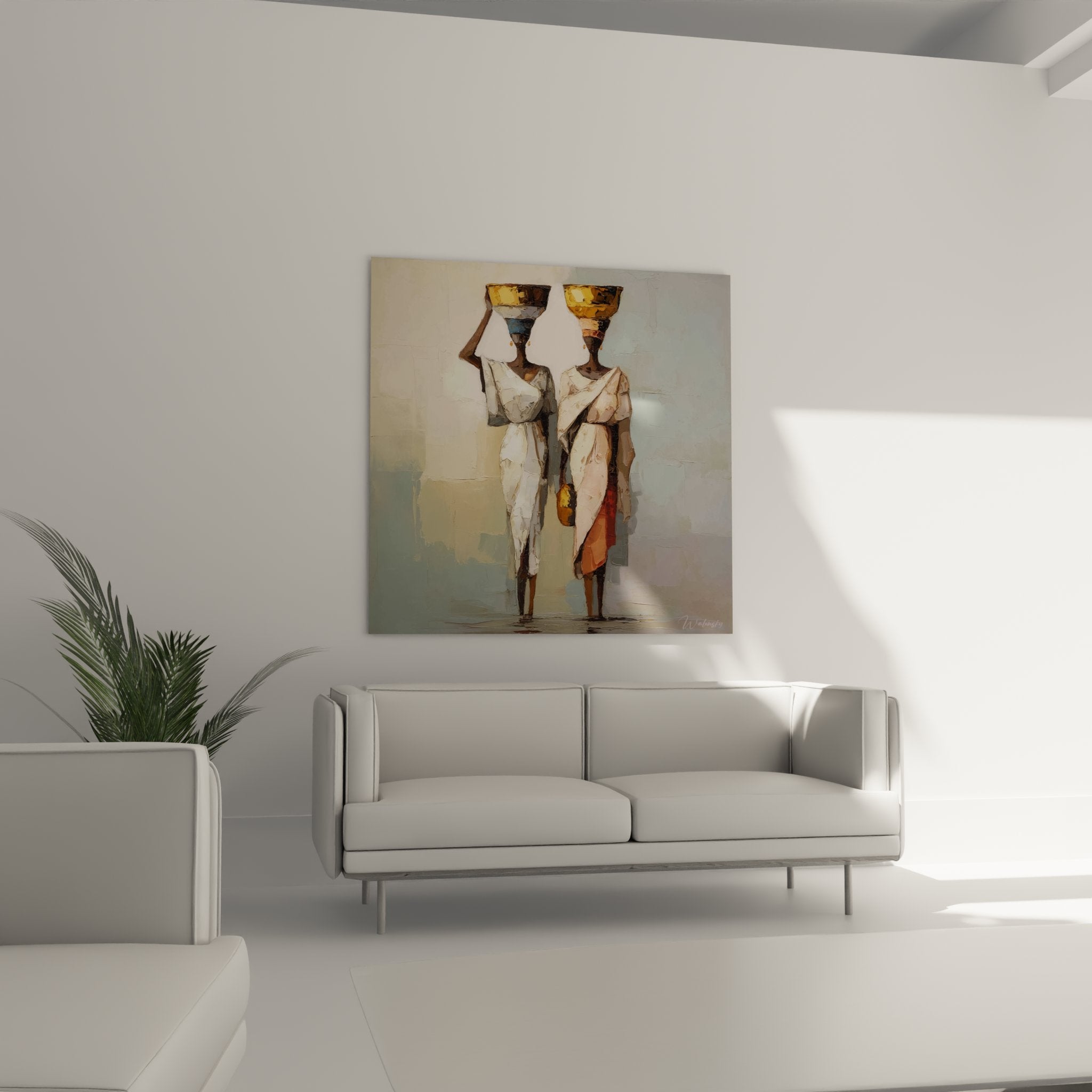 Dettaglio pittura donne africane veli bianchi contenitori oro tecnica impasto arte contemporanea