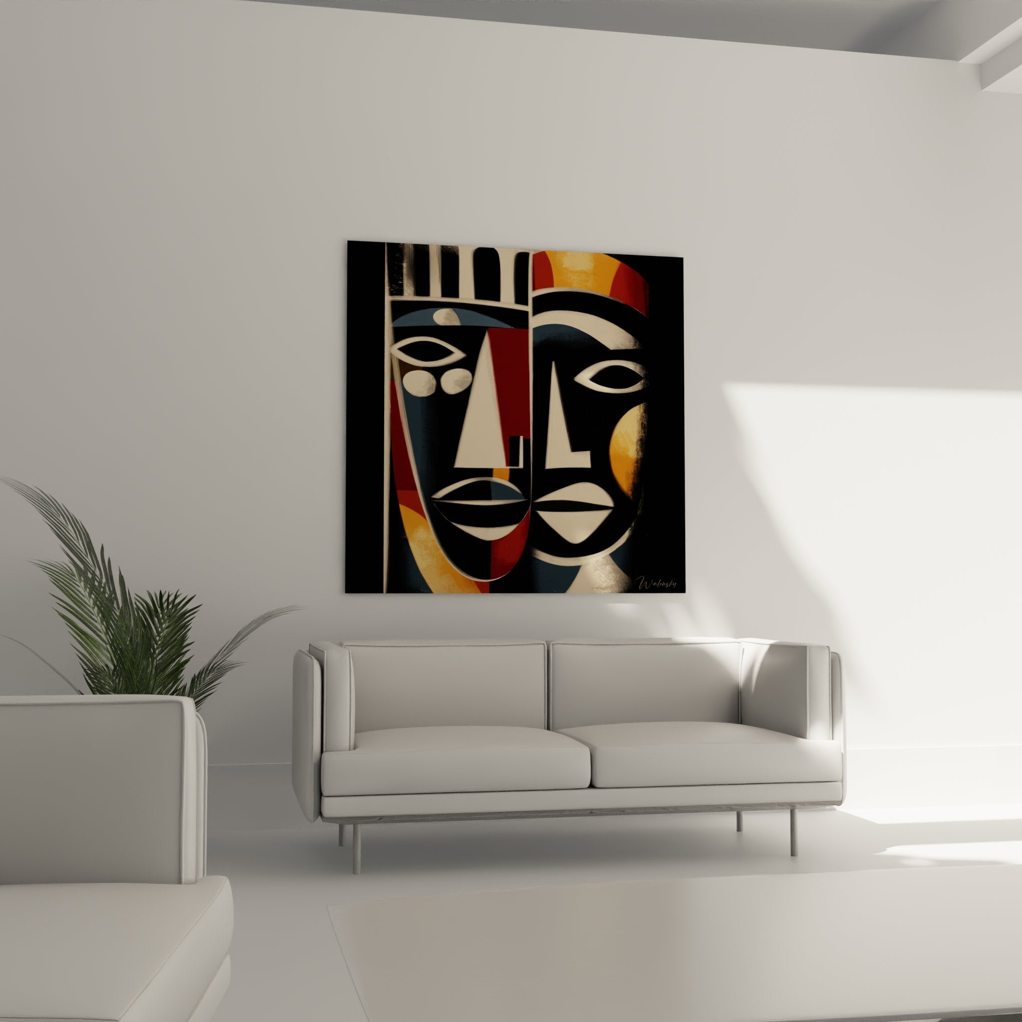 Dettaglio ravvicinato delle maschere tribali africane che mostra i motivi geometrici e i colori contrastanti